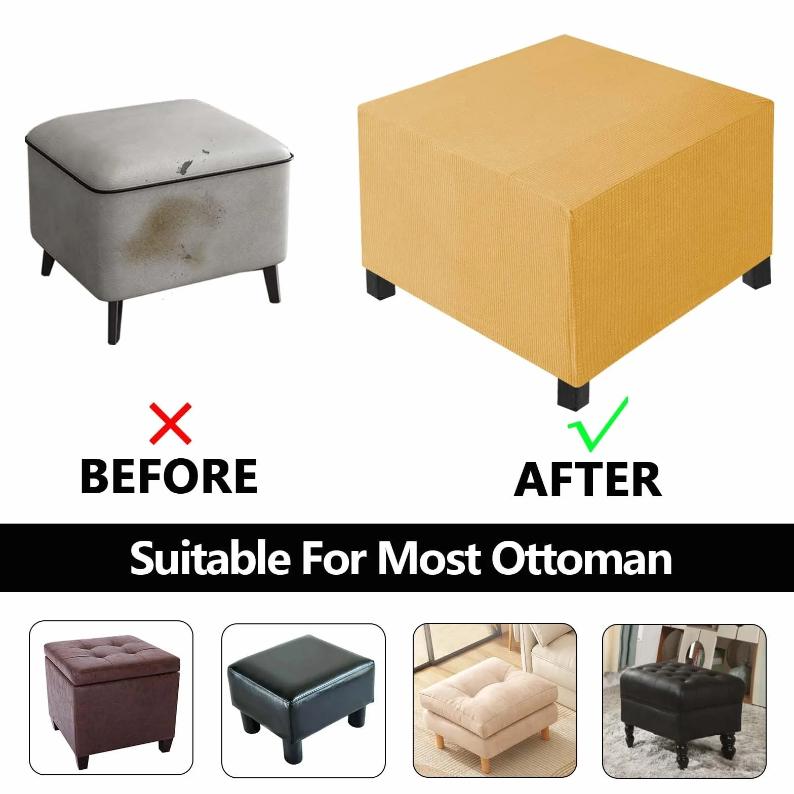 Housse de Pouf Ottomane carré Extensible Doux XXL avec Fond élastique 55x55 cm Or