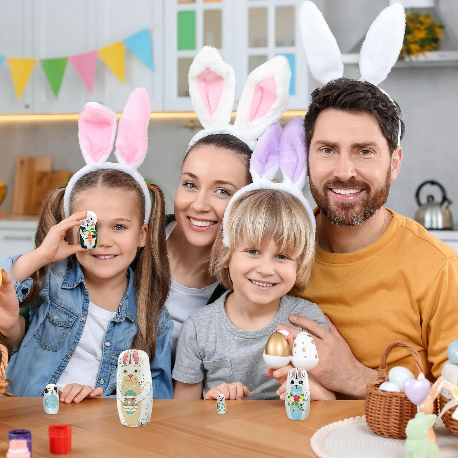 Boerni Lot de 5 poupées gigognes en bois lapin blanc matriochka babushka décoration Pâques Noël