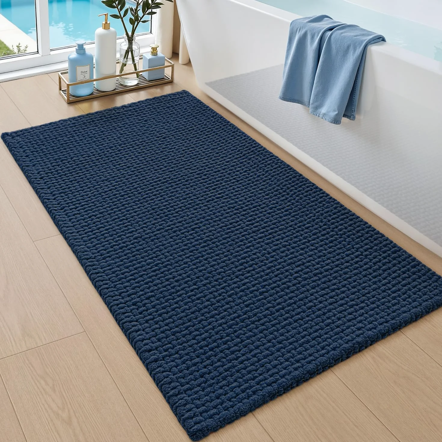 DEXI Tapis Salle de Bain 60 x 110 cm Chenille Antidérapant Lavable Bleu