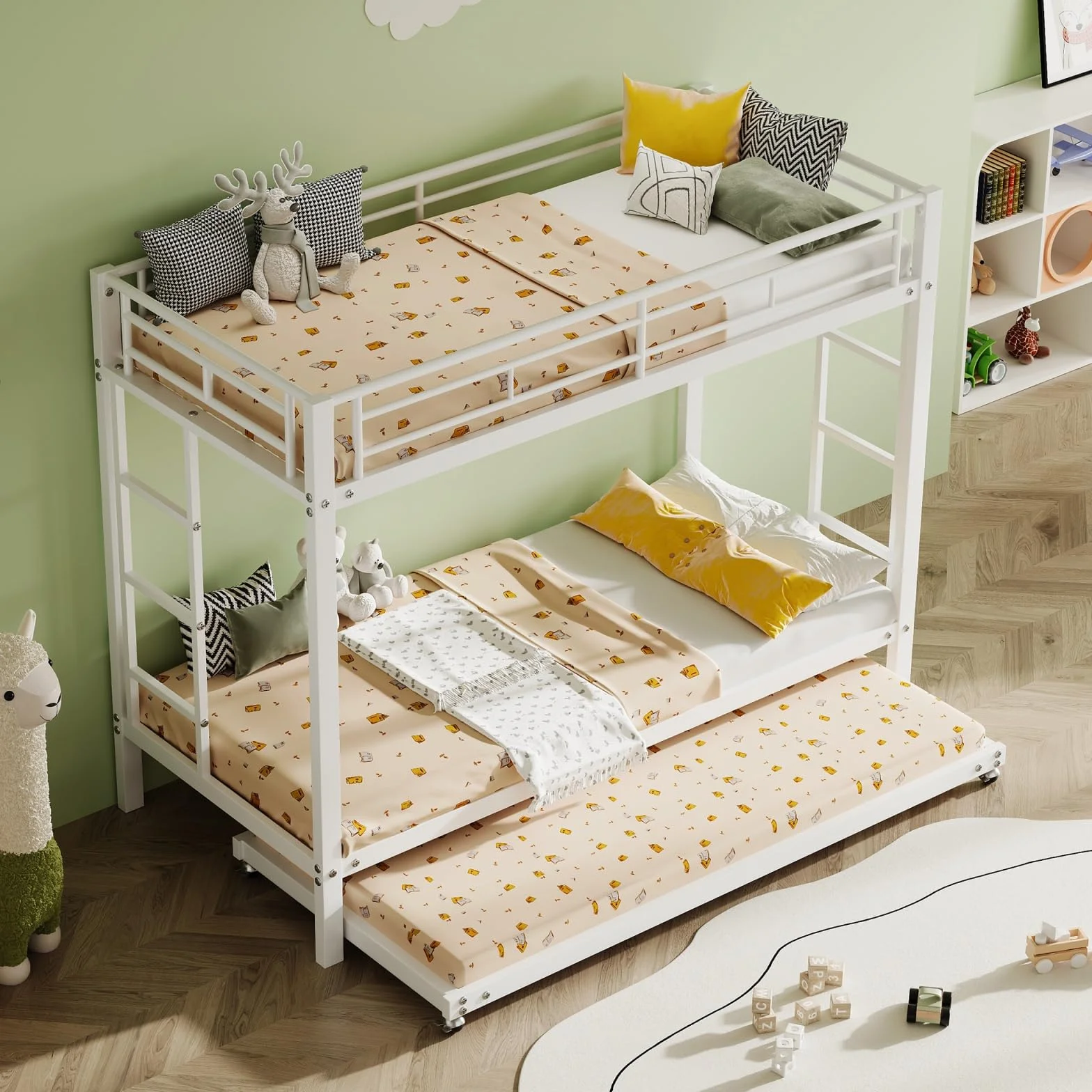 Lit Superposé 3 Places 90x200 cm avec lit Gigogne 90x190cm,Blanc | Cadre de Lit en Métal,Barrières de Sécurité, Échelle Antidérapante, lit avec sommier,Certification EN747,pour Garçons Filles