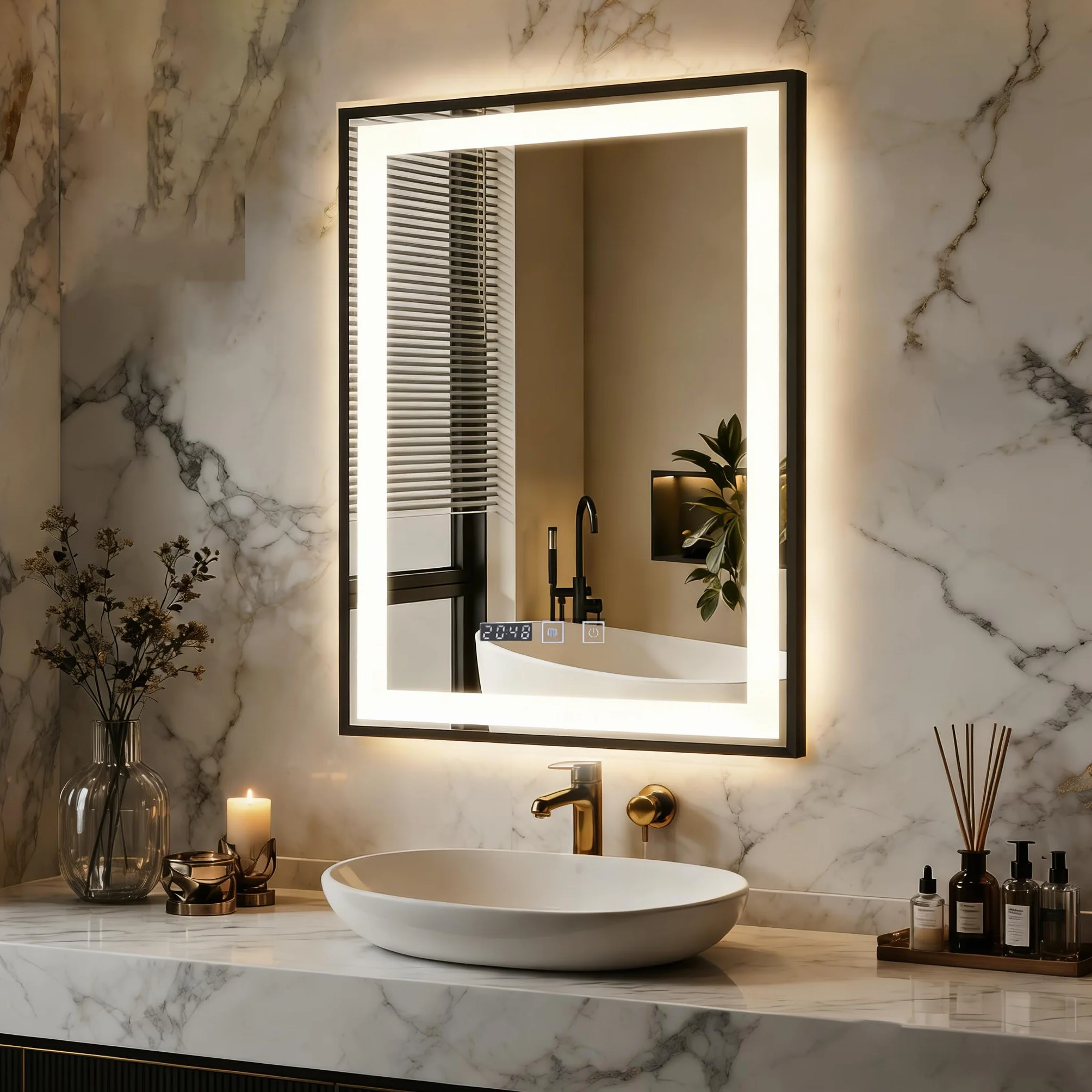 YOURLITE Miroir de Salle de Bain avec Éclairage LED 50x70cm, Fonction Antibuée Étanche Ip44 Lumière Chaude,Naturelle et Froide,Luminosité Réglables, avec Affichage Heure et Température