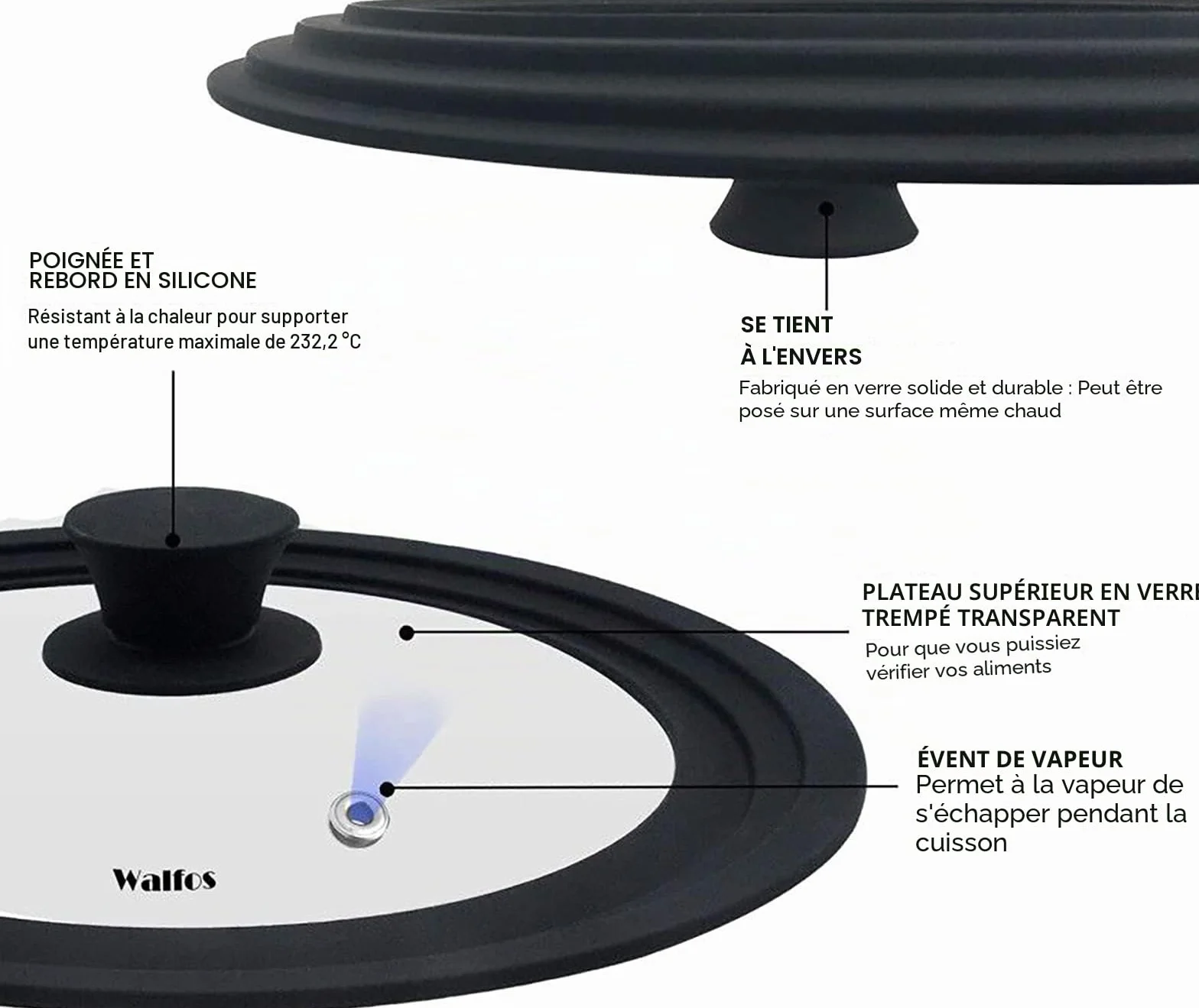 Walfos Couvercle universel Ø 28, 26, 24, 20, 18 et 16 Couvercle en verre pour casseroles, poêles avec bord en silicone gradué, Couvercle pour poêles et casseroles, Couvercle de casserole résistant à