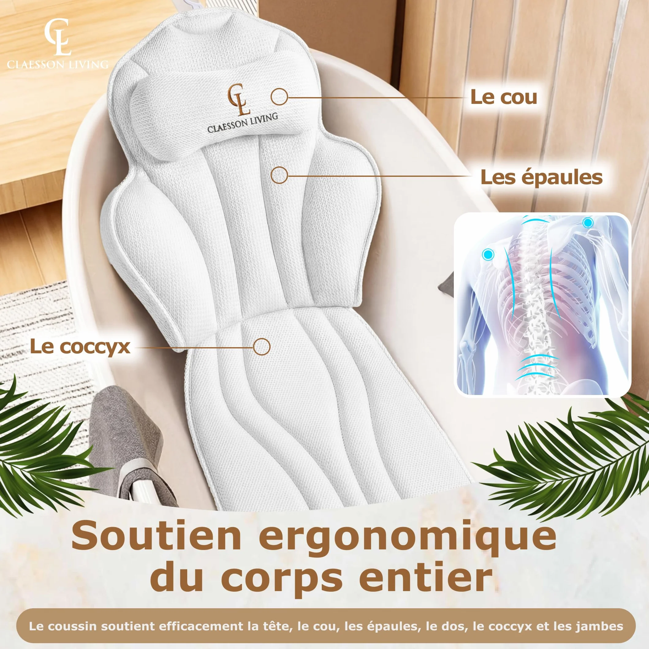 Coussin Baignoire Corps Complet Claessonliving (152x56cm) - Matelas de Bain avec appuie-tête (11cm) & Supports Corps - Coussin Baignoire Adulte - Oreiller Baignoire - Sacs de Lavage Inclus - Blanc