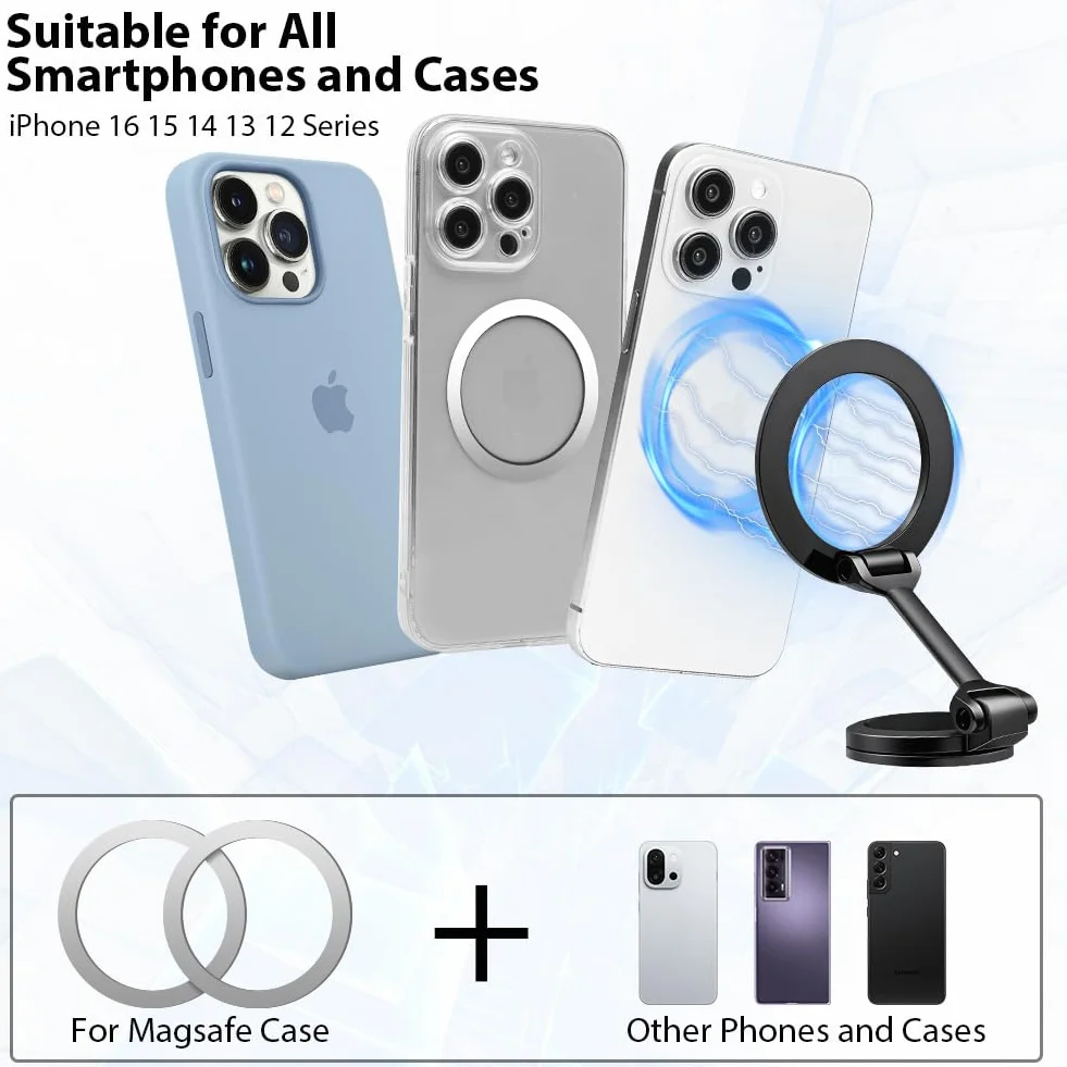 HOTUT Samochodowy uchwyt na telefon komórkowy, magnetyczny uchwyt na telefon komórkowy, składany, w pełni metalowy, obracany o 360°, uchwyt samochodowy do iPhone 16 15 14 13 12 (czarny)