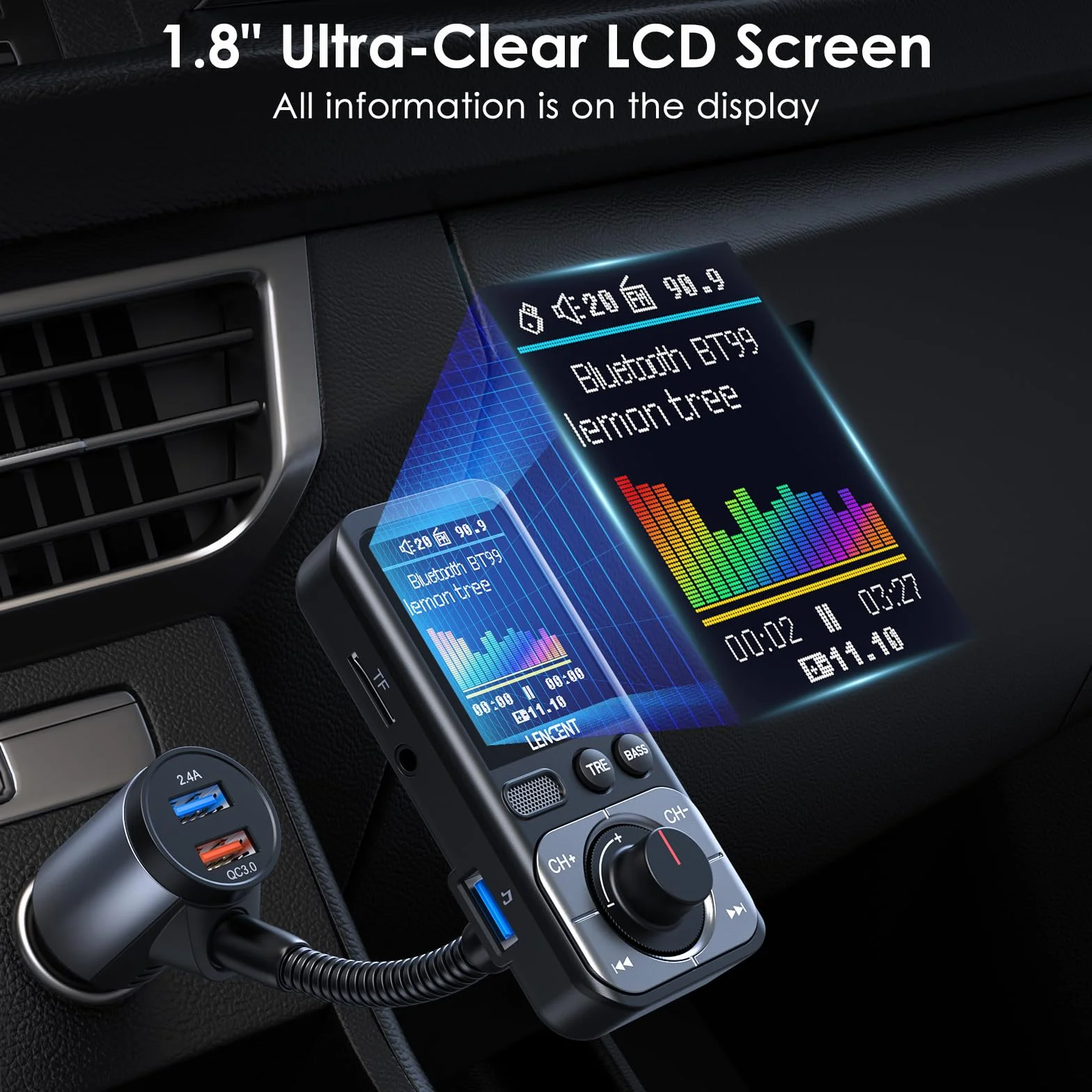 LENCENT 5.0 Samochodu Nadajnik FM Bluetooth z Adapter AUX, Bezprzewodowy Adapter z Szybka Ładowarka QC3.0 USB-A, Zestaw Głośnomówiący, Wzmocnienie Tonów Wysokich i Niskich Muzyki HiFi, Obsługa Kart TF