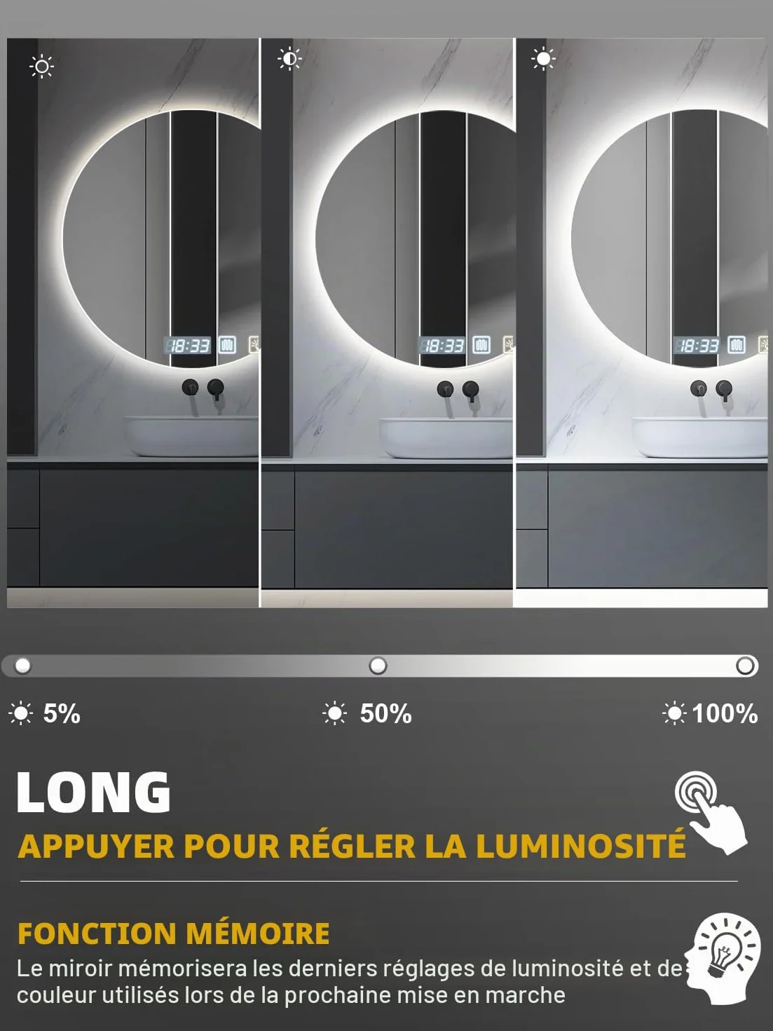 Miroir de salle de bain rond à LED, 60 x 60 cm, mural, antibuée, lumière variable en 3 couleurs, miroir antibuée avec lumières rétroéclairées, pour salle de bain