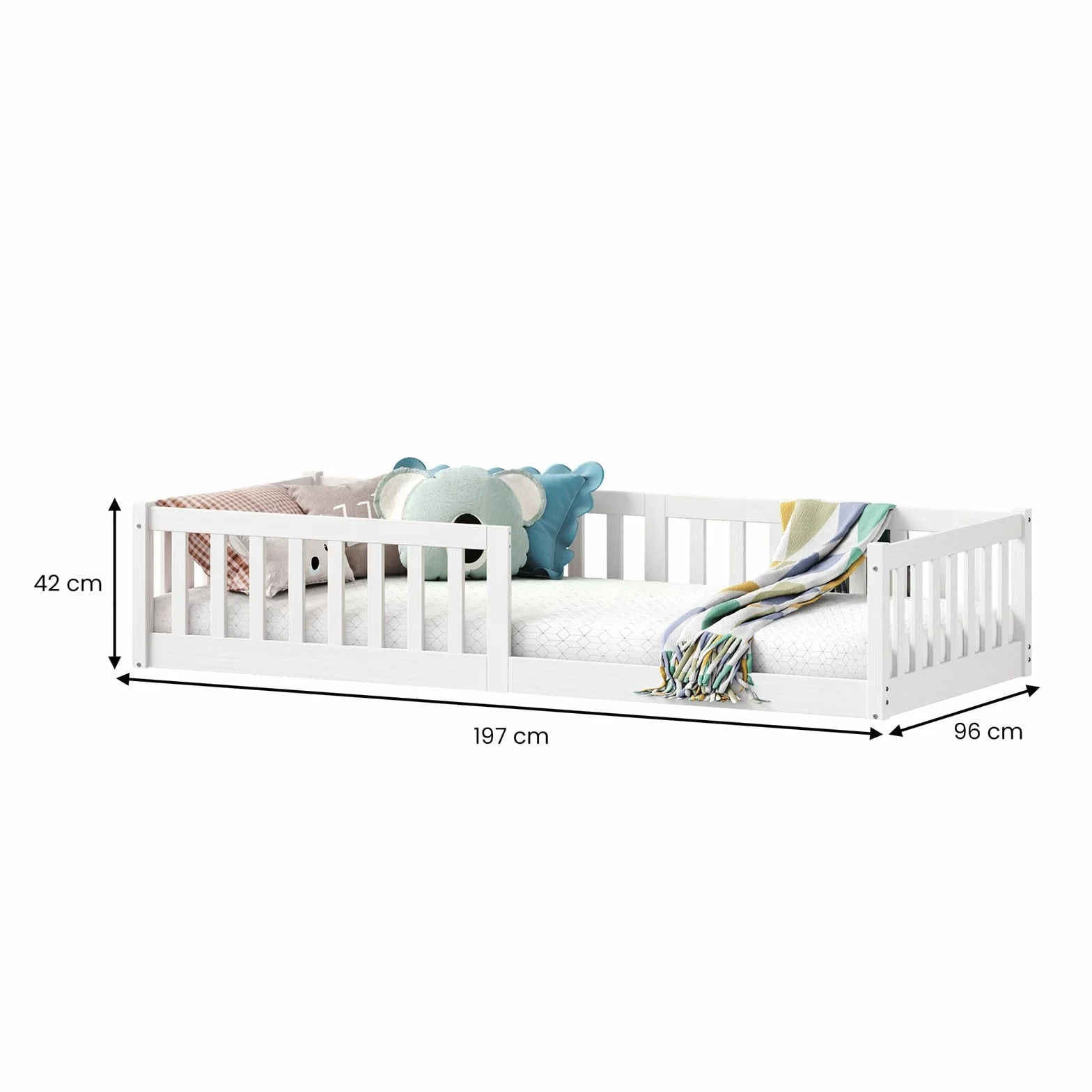 IDIMEX Lit Enfant Gustavo lit au Sol 90x190 cm d'inspiration Montessori, avec barrières de Protection, en pin Massif lasuré Blanc