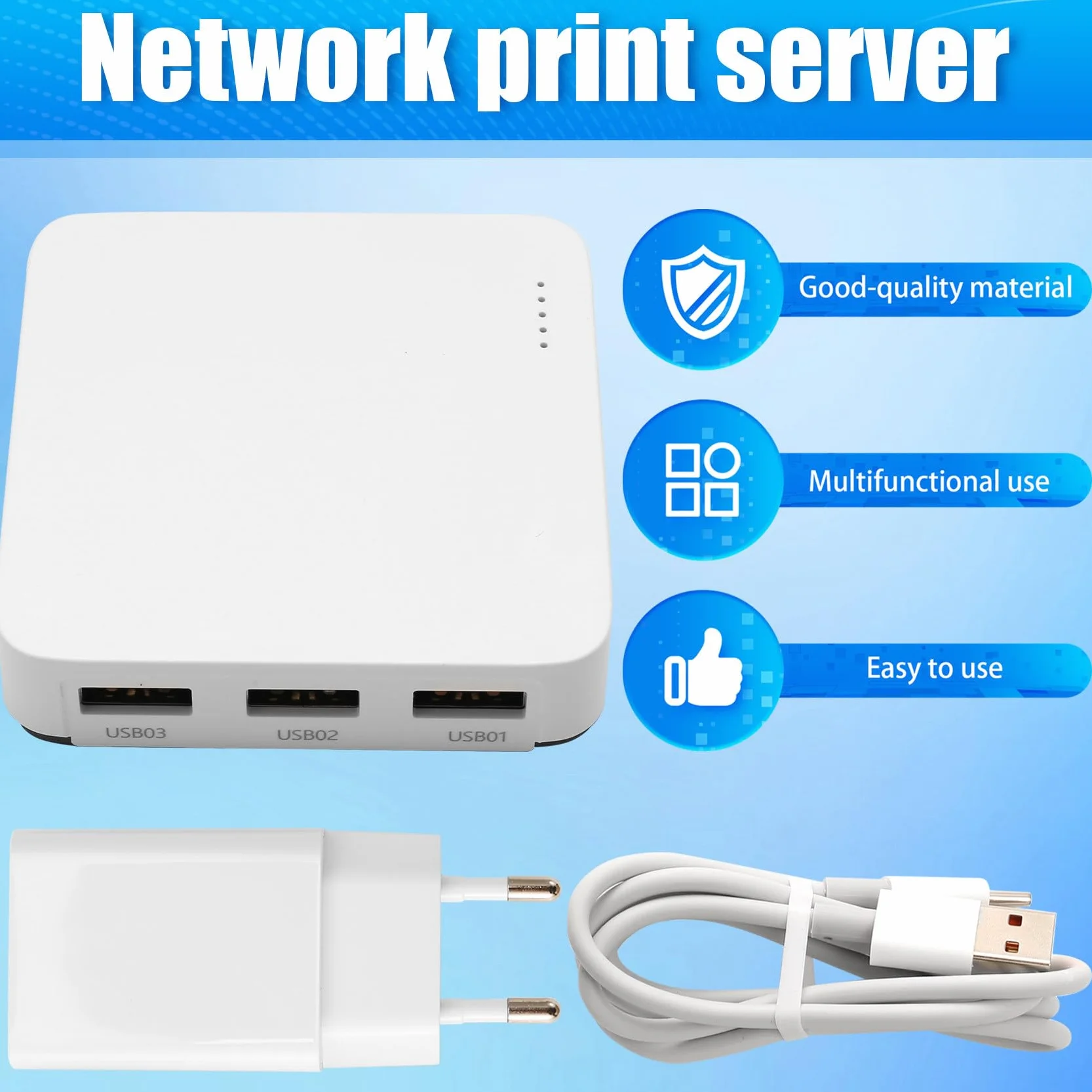 Breeshy Serveur d'impression filaire 3 ports USB réseau 100 M WiFi BT4.0 Prise UE