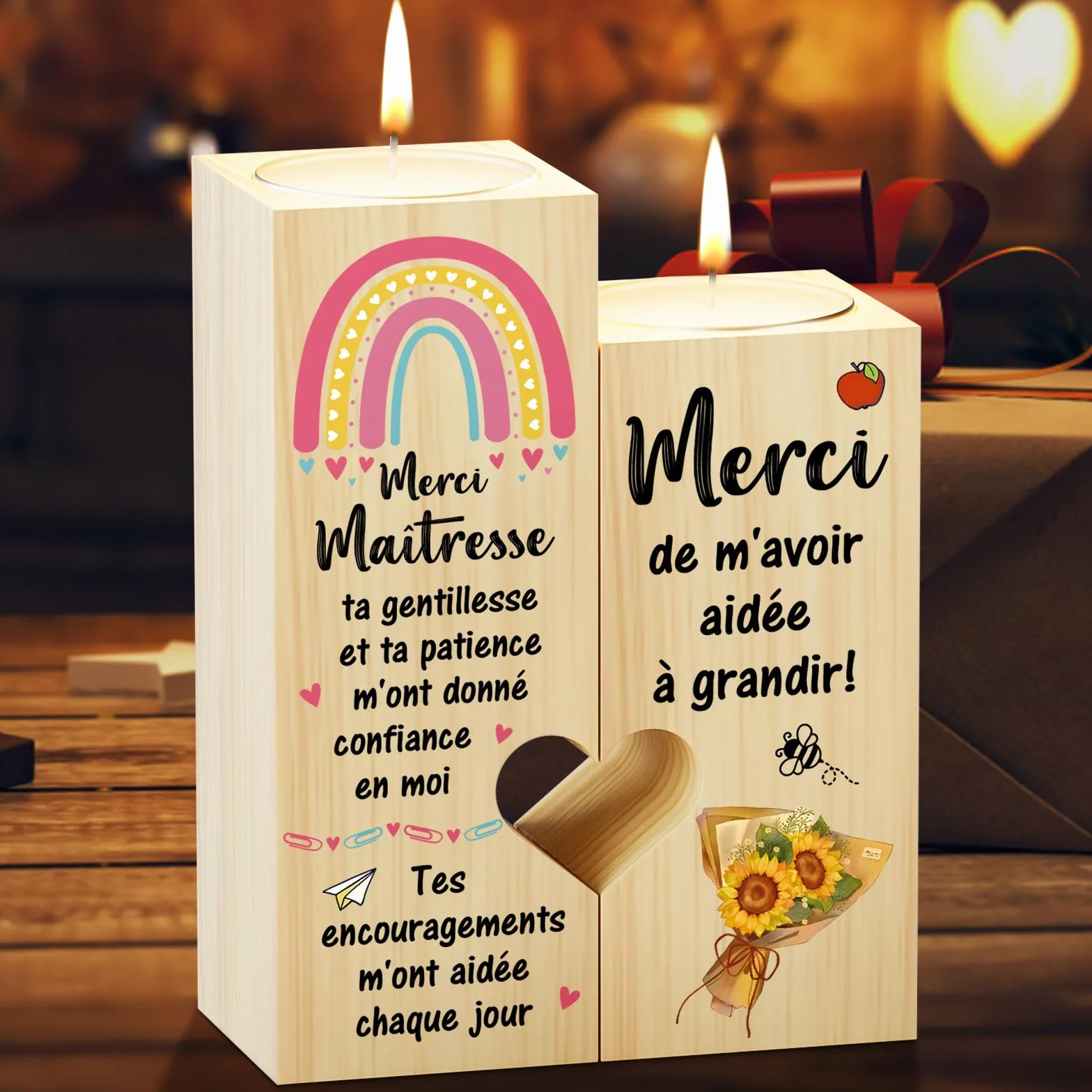 Bougeoir en Forme de Coeur Cadeau pour Maîtresse d'École, Idée Cadeaux pour Enseignante Reconnaissance Noël Fin d'Année