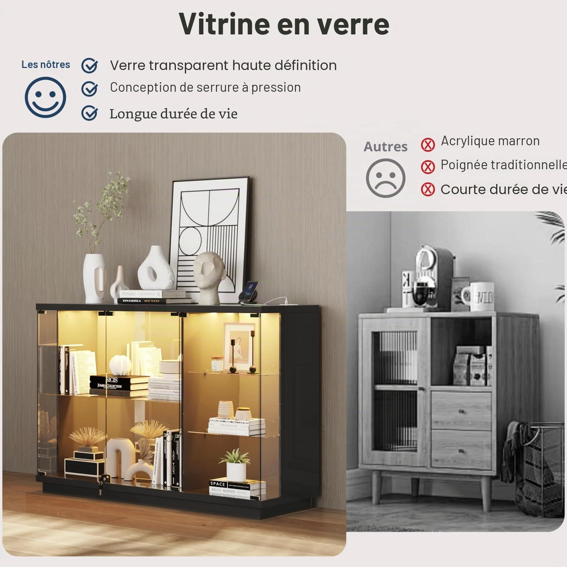 Lvifur Vitrine en verre - Éclairage LED et portes en verre - Armoire en verre - Cabinet d'affichage avec capteur intelligent - 3 couches - Étanche à la poussière - Pour salon, chambre à coucher