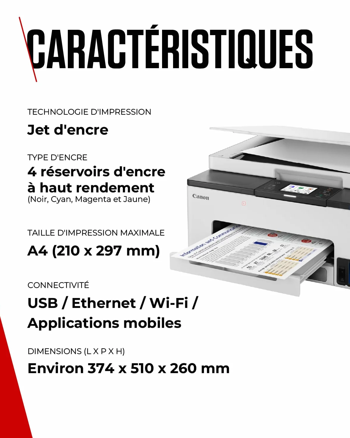 Canon MAXIFY GX1050 Imprimante A4 Couleur MegaTank Tout-en-Un Jet d'encre Wi-Fi Ethernet USB
