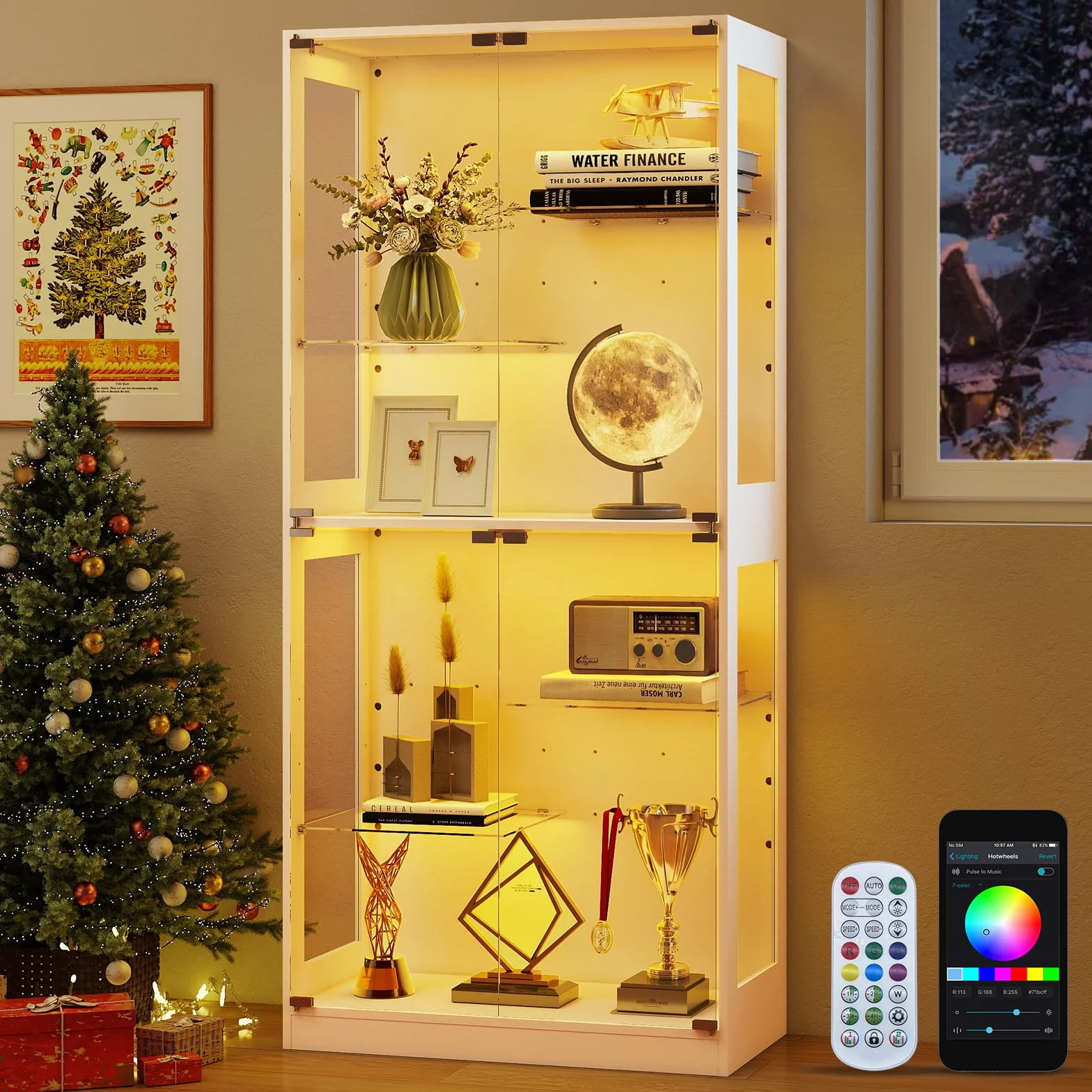 Lamtor Vitrine en Verre Debout, 175 cm, avec éclairage LED RVB, réglable en Hauteur, avec Verre trempé de sécurité et Fermeture magnétique, pour Les Collections dans Le Salon, Blanche