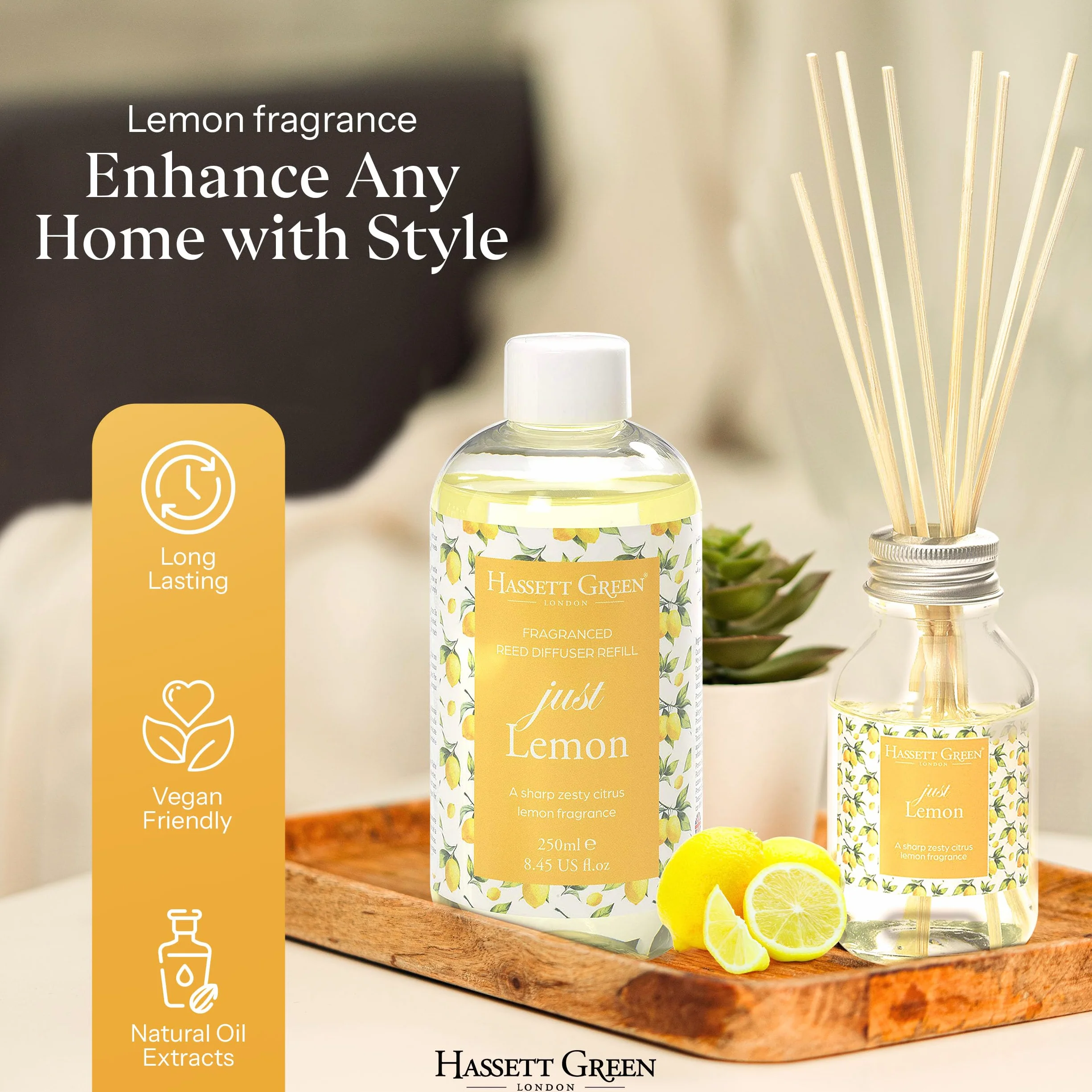 Hassett Green London Recharge de Diffuseur à Roseaux Just Lemon 250ml Parfum Citron Zesté Écologique Vegan