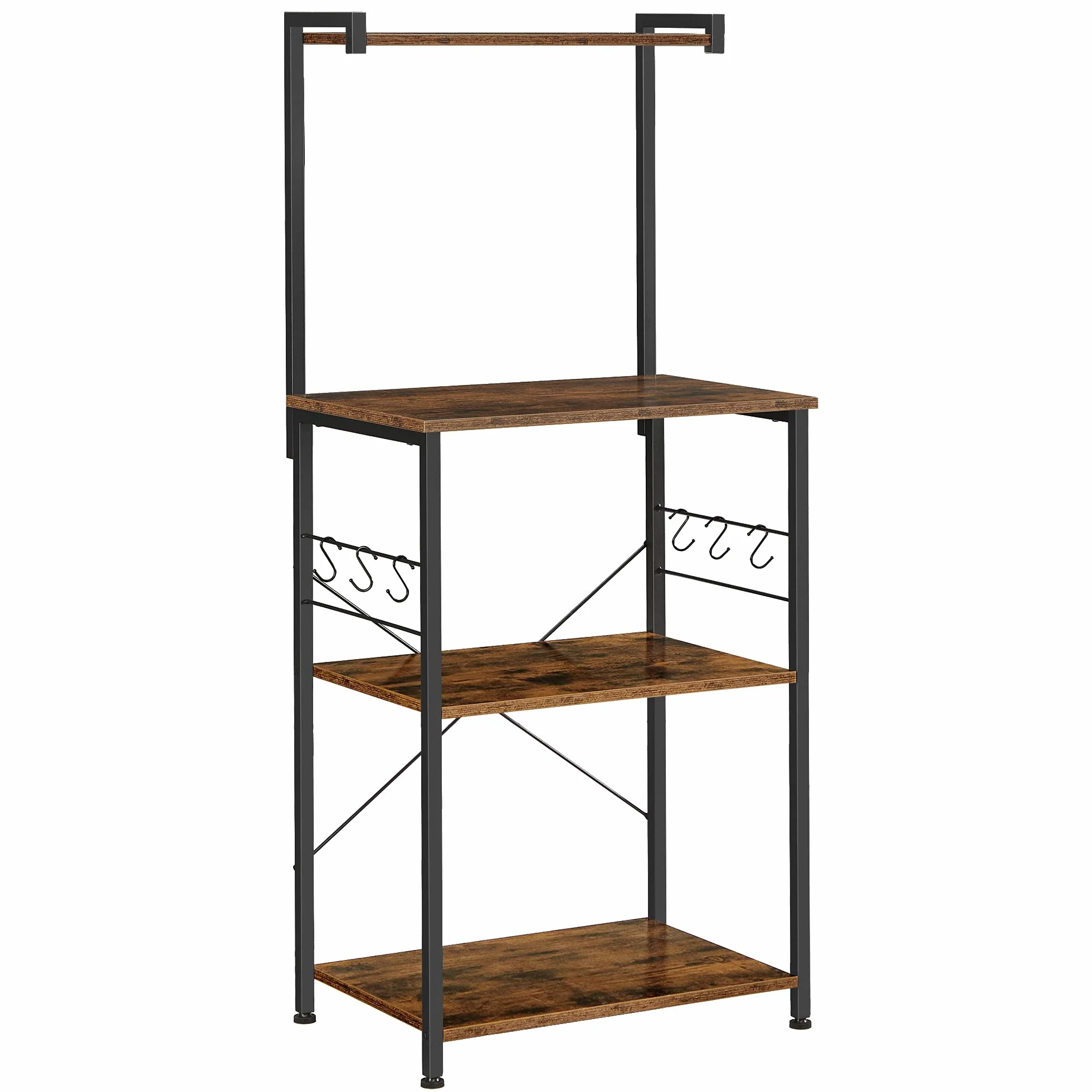 VASAGLE Organisateur de Cuisine, étagère à 3 Niveaux, 6 Crochets en S, pour Micro-Ondes, Grille-Pain, Pots à épices, casseroles, casseroles, industriels, Marron Rustique et Noir KKS023B01