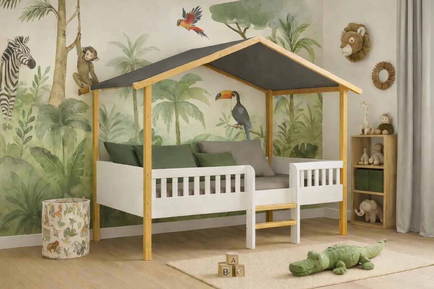 KONTARBOOR Lit Cabane Enfant, sur PILOTI 90 x 190 cm en Bois Naturel et Blanc + sommier. (sans Matelas)