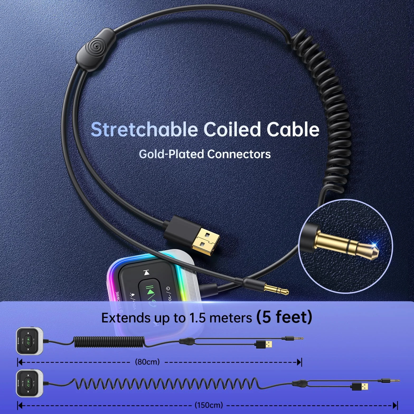 Syncwire Adapter samochodowy Bluetooth 5.4 Duży mikrofon Aux 3.5mm Jack Zestaw odbiornika Bluetooth nawijany kabel Głęboki bas HiFi Kolorowe światło