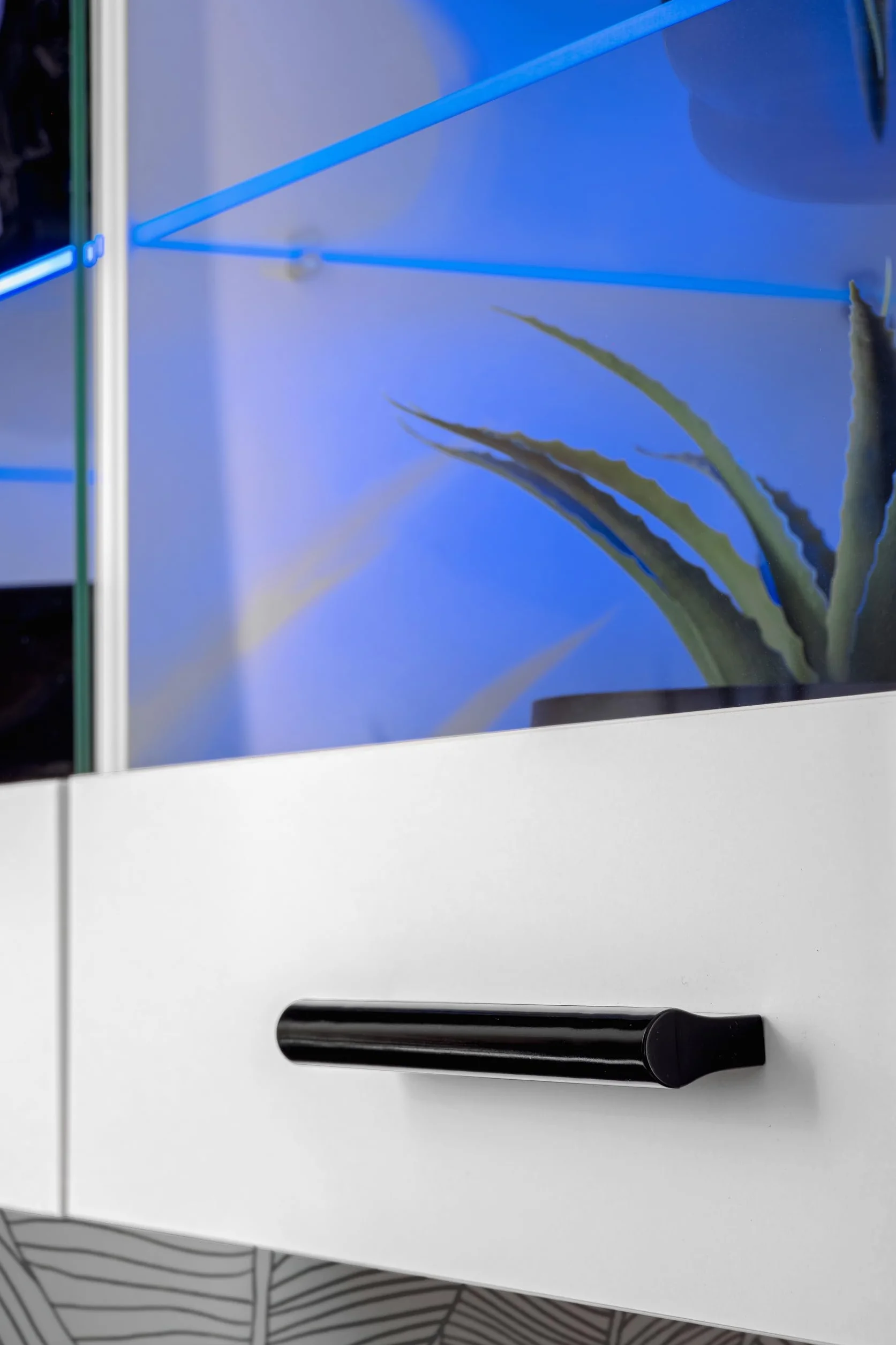 Komodee, Vitrine Armoire Savona, Blanc Blanc, Largeur 100 cm x Hauteur 50 cm x Profondeur 30 cm, LED Bleues, 2 étagères, pour Salon, Chambre, Entrée, Cuisine