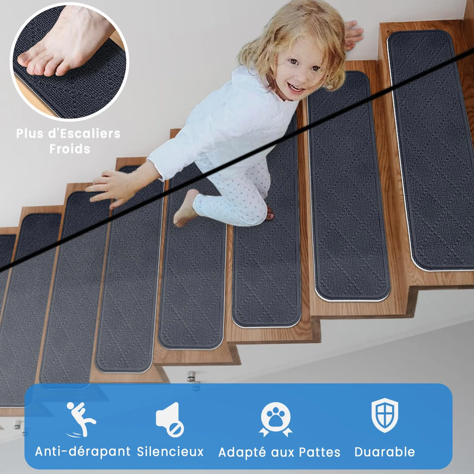 Tapis d'Escalier Antidérapant 76x20cm, Lot de 15 Marchettes Autocollantes Intérieur, Moquette Escalier Réutilisable (Gris Foncé)