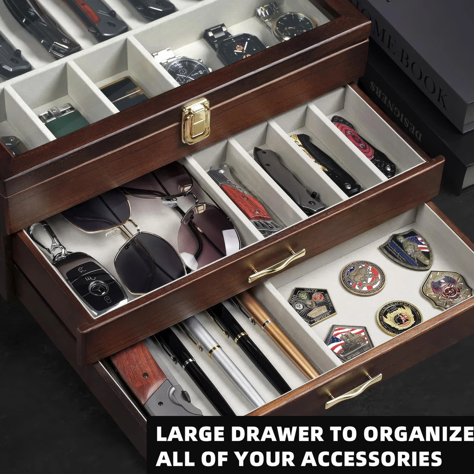 3 Étages Coffret Poignard, Bois Boîte Présentation Poignard pour 30 à 36 Couteaux de Poche, Grande Vitrine à Couteaux avec Vitre Supérieure en Verre Véritable, pour Collection, Cadeau (Noyer)