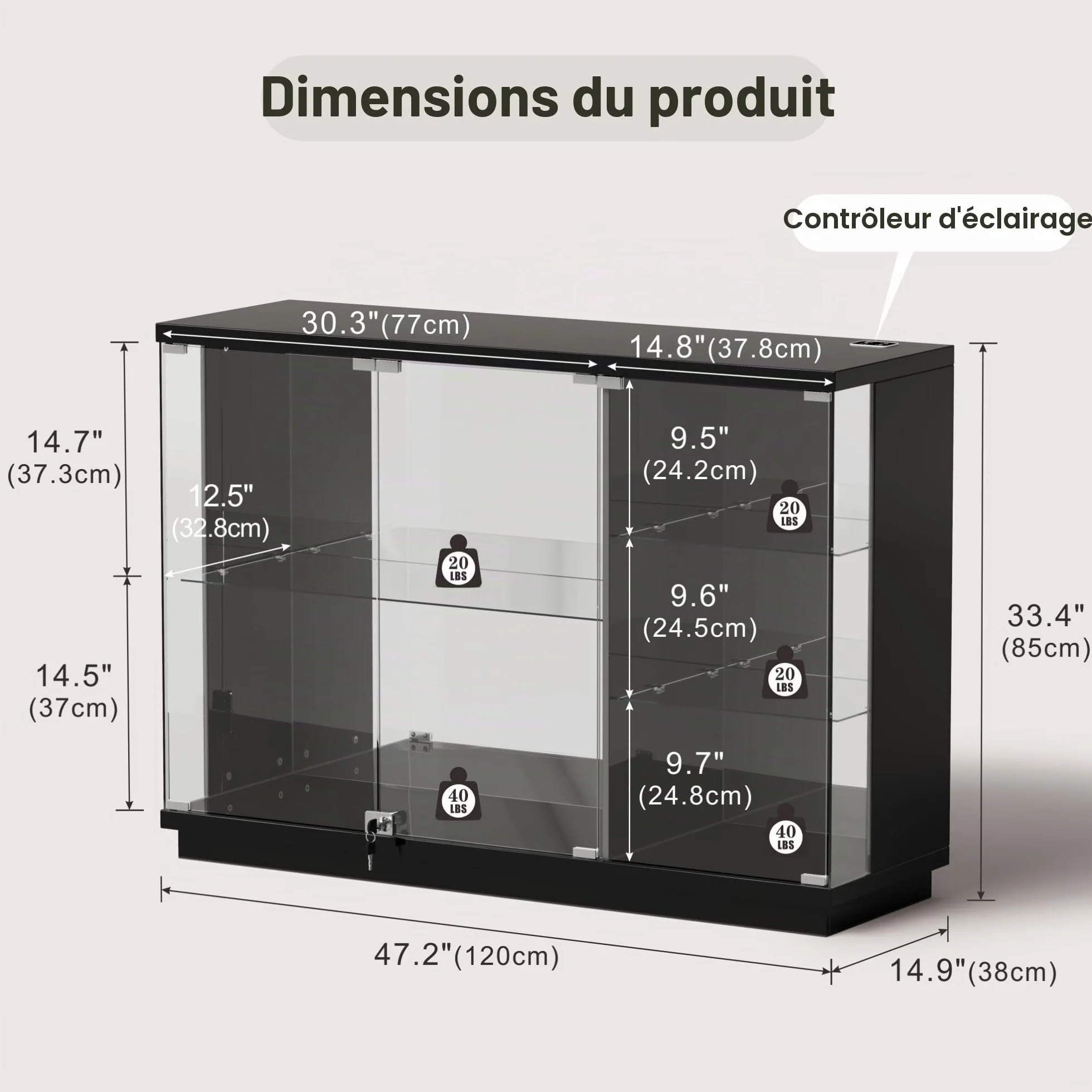 Lvifur Vitrine en verre - Éclairage LED et portes en verre - Armoire en verre - Cabinet d'affichage avec capteur intelligent - 3 couches - Étanche à la poussière - Pour salon, chambre à coucher