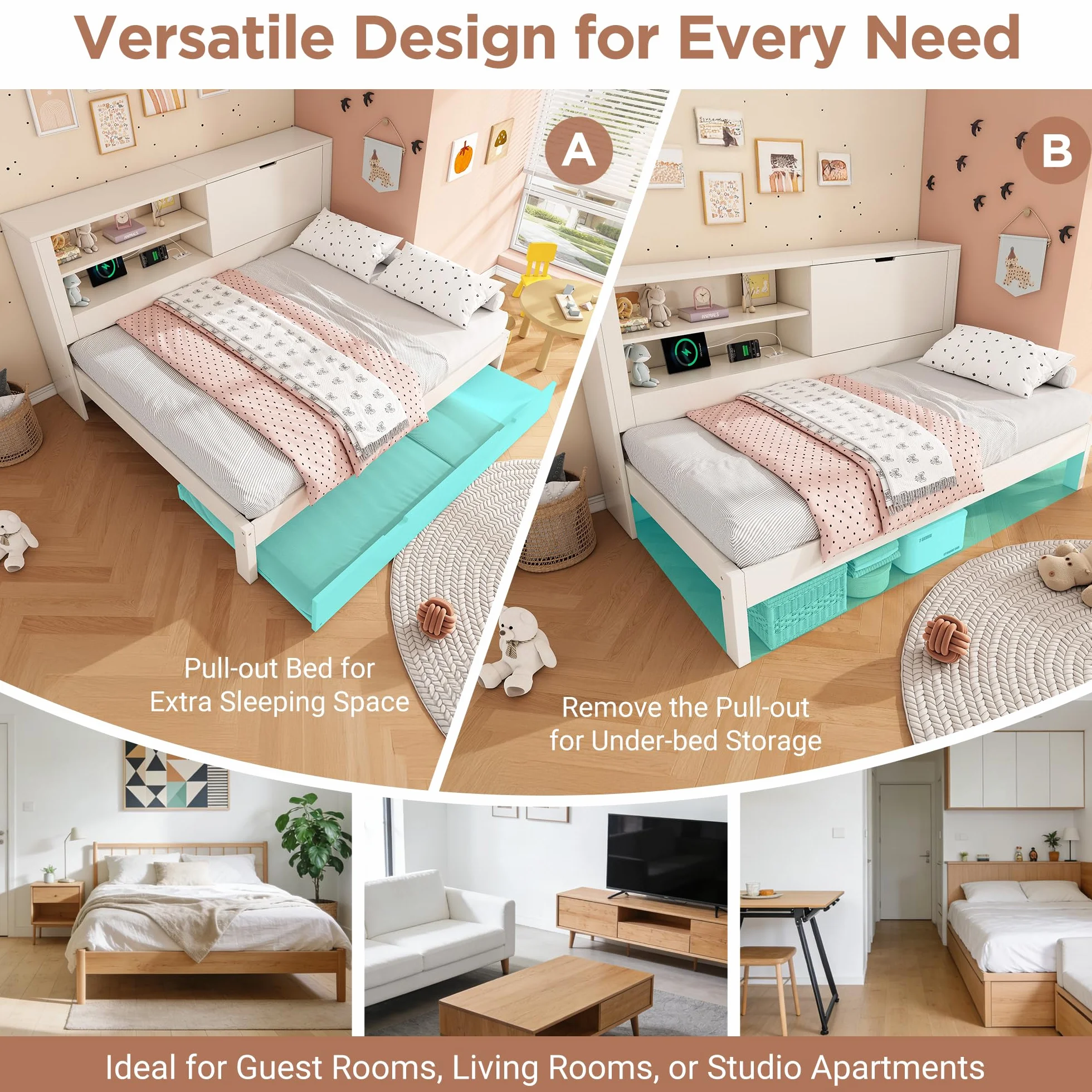 Zepneiy Lit 90x200 avec gigogne 90x190, Canapé lit avec Panneau arrière de Rangement et Compartiment Ouvert, Lit Enfant avec Station de Charge USB-C et sommier à Lattes, Blanc(sans Matelas)