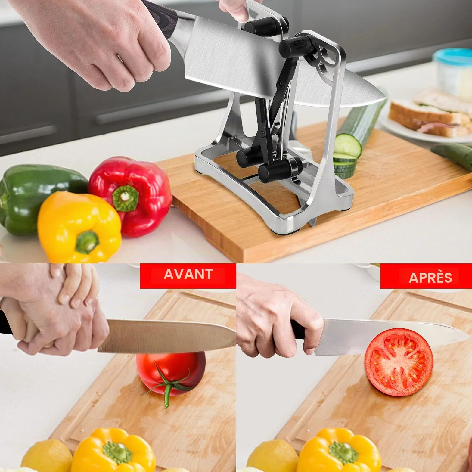 Aiguiseur couteaux professionnel Manuel - affuteur couteau de cuisine Tous Types Couteaux - affûteur Couteaux Chef Silver