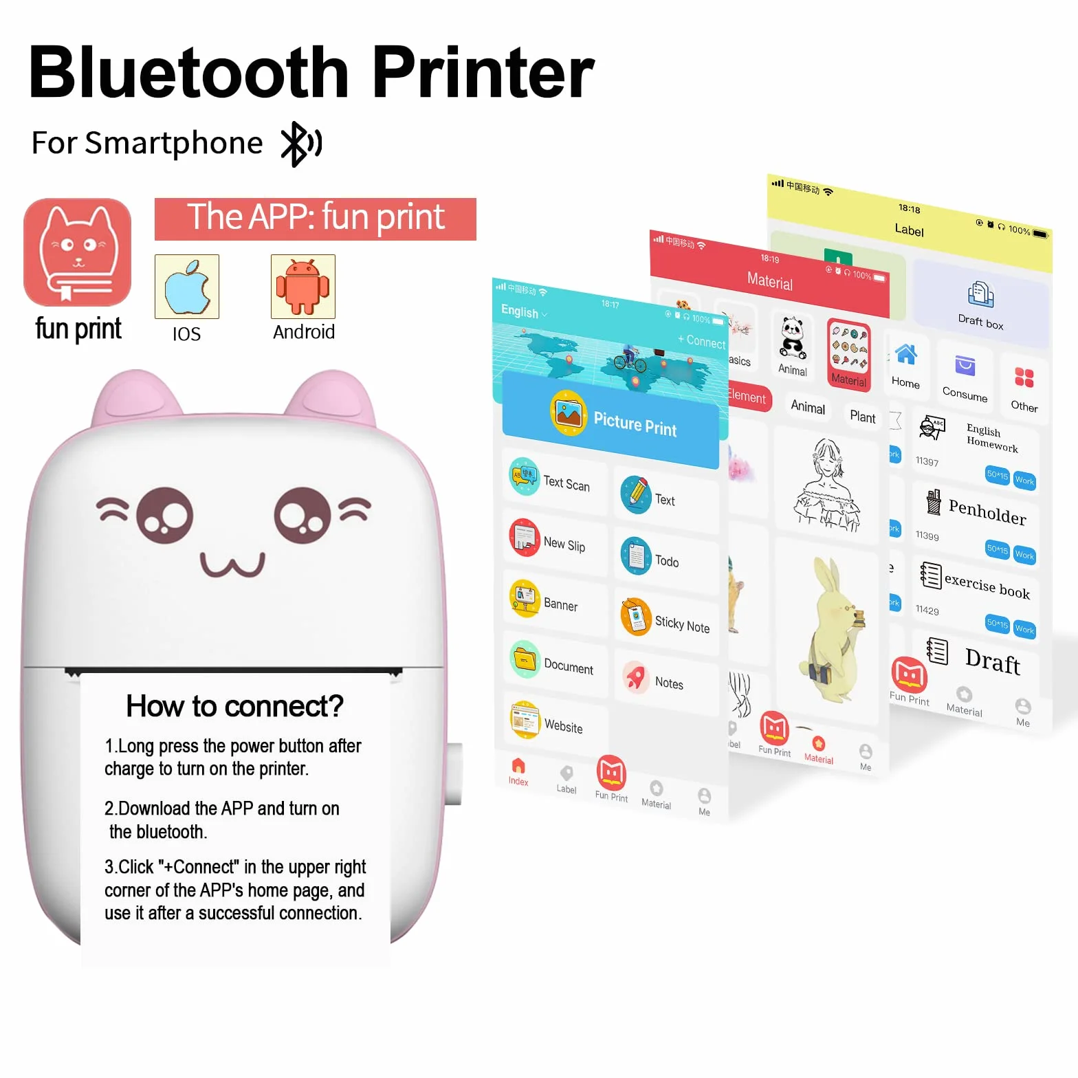 Mini Bluetooth Imprimante Thermique sans Fil pour Photo Étiquettes DIY (Rose)