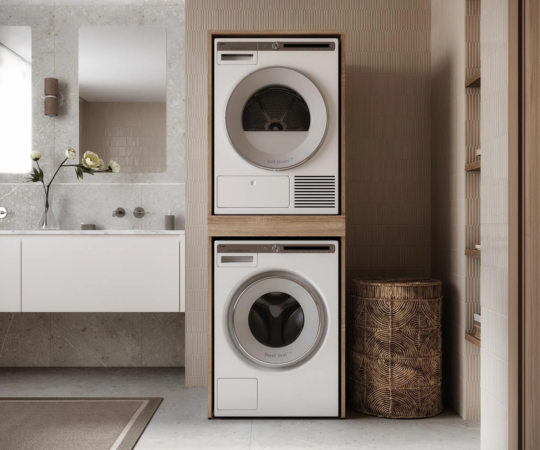 PLATAN ROOM Armoire pour machine à laver et sèche-linge avec plateau coulissant • Meuble pour machine à laver et sèche-linge • Armoire haute 187 x 65 x 66 cm (chêne Sonoma)