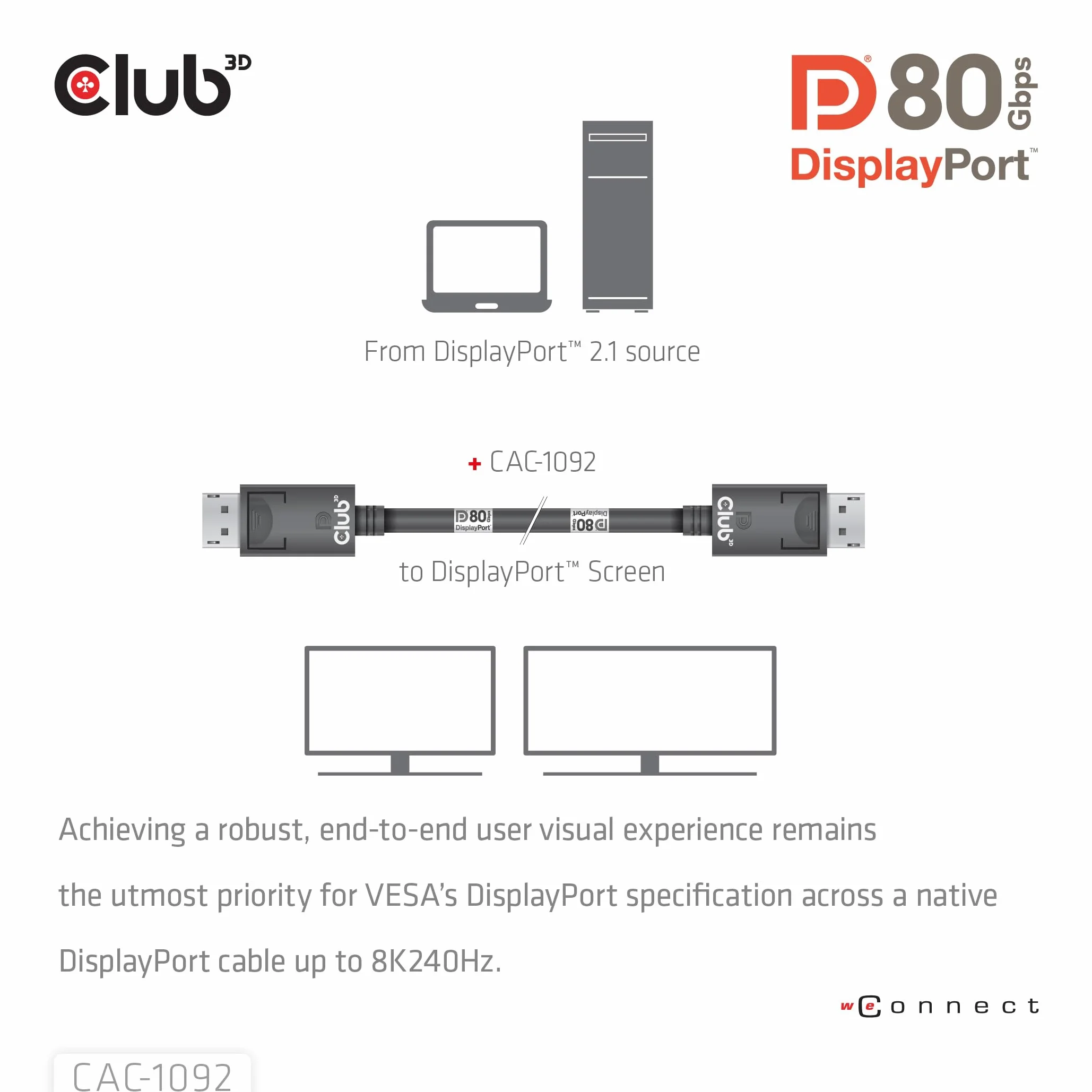Club3D CAC-1092 DisplayPort™ 2.1 dwukierunkowy kabel VESA DP80 certyfikowany 4K240Hz, 8K60Hz lub 10K60Hz M/M 1,6 m