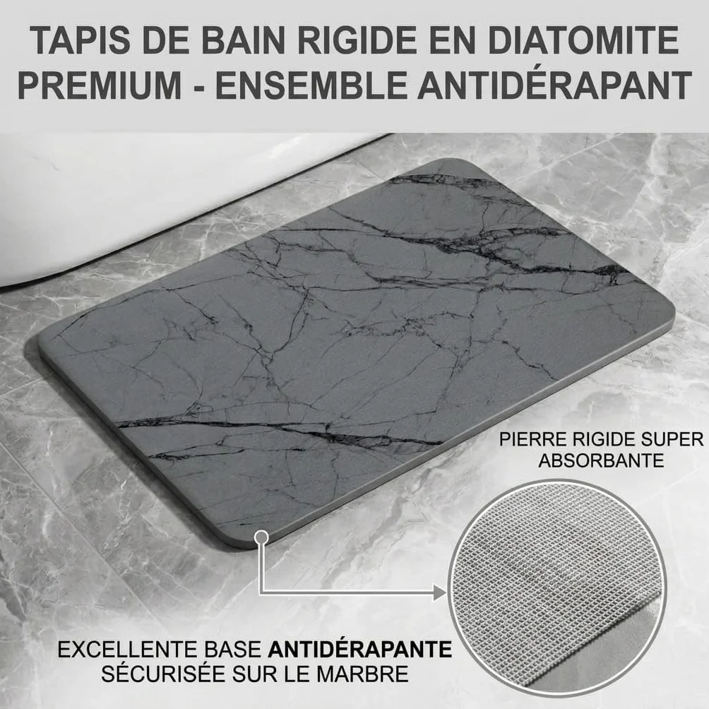 Tapis de Bain en Pierre de Diatomite 60x40 cm Super Absorbant Antidérapant Séchage Rapide