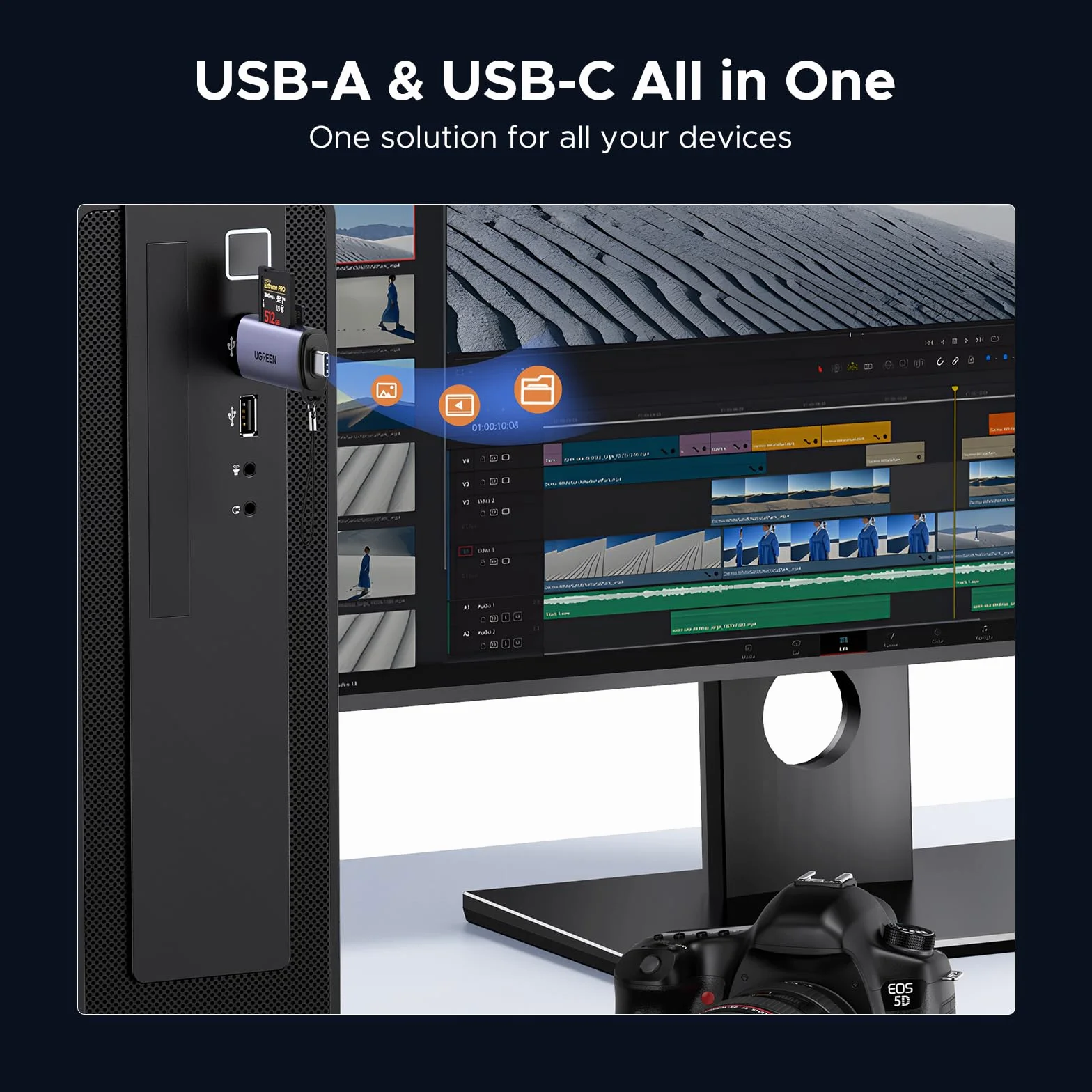 UGREEN Czytnik kart USB 3.0 i USB C Zewnętrzne czytniki kart pamięci TF i SD USB 2 w 1 Kompatybilne z systemami Windows, Mac OS, Linux, Android i iOS.