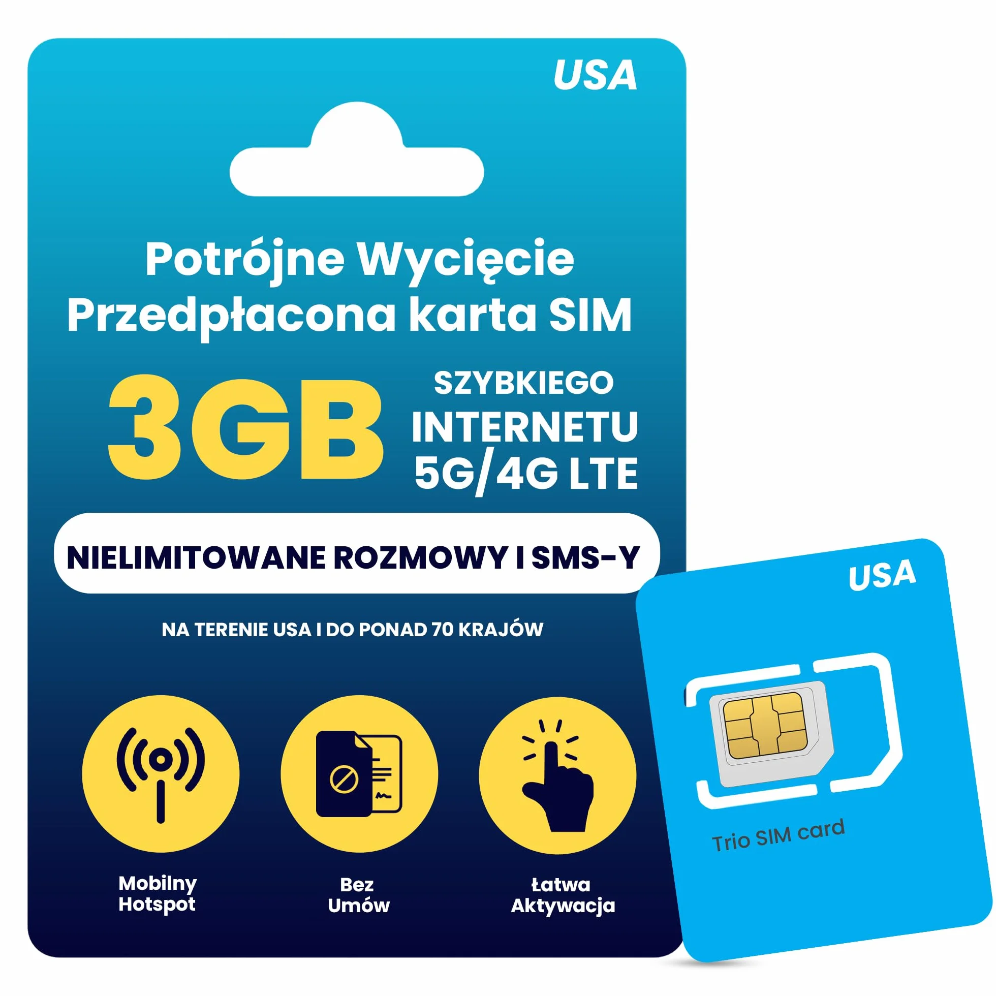 H2O Wireless Przedpłacona Fizyczna Karta SIM USA na 30 Dni - 3GB Szybkiego Internetu 4G LTE/5G + 2GB Hotspotu, Nielimitowane Dane, Rozmowy i SMS-y do Ponad 70 Krajów, Karta SIM do Telefonu