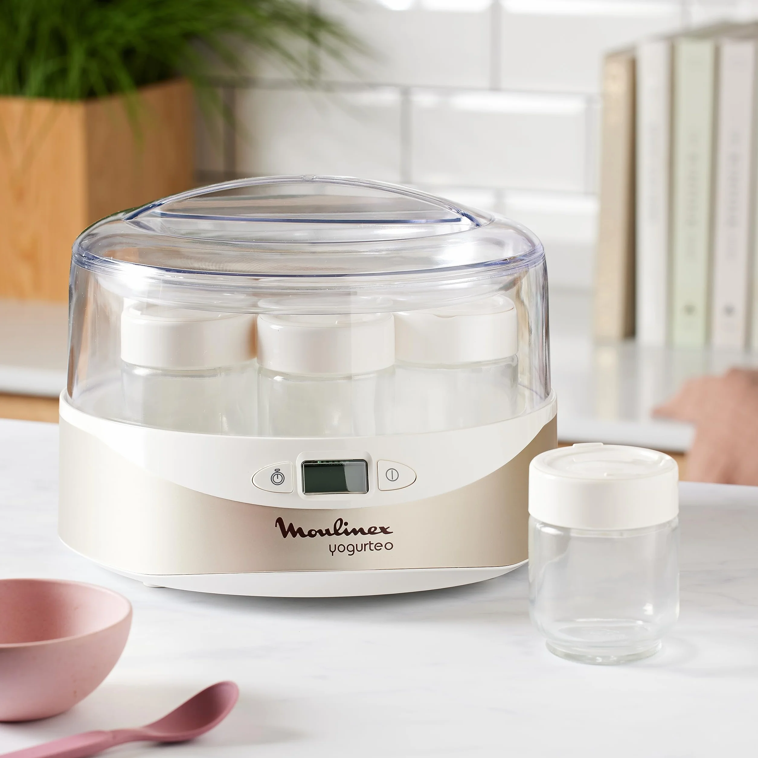Moulinex YG231E32 Yaourtière Yogurteo 7 Pots de Yaourt Inclus Programmable Écran LCD Minuteur 13W Champagne