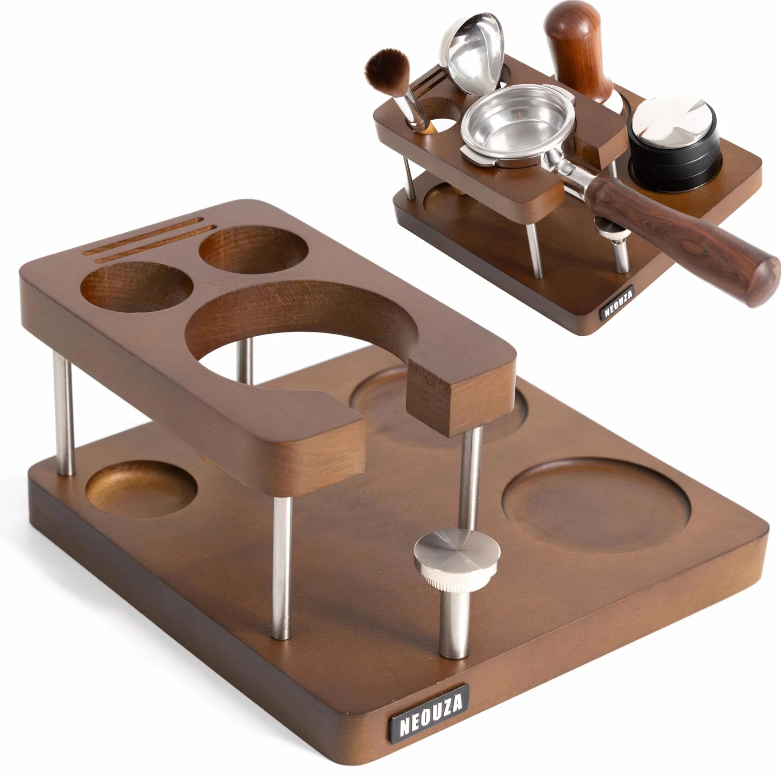 NEOUZA Station tassage 58mm 7-en-1 rangement, pour E61 et 58mm pro/domestiques, compatible Rancilio, Gaggia, Rocket, hauteur réglable, bois massif