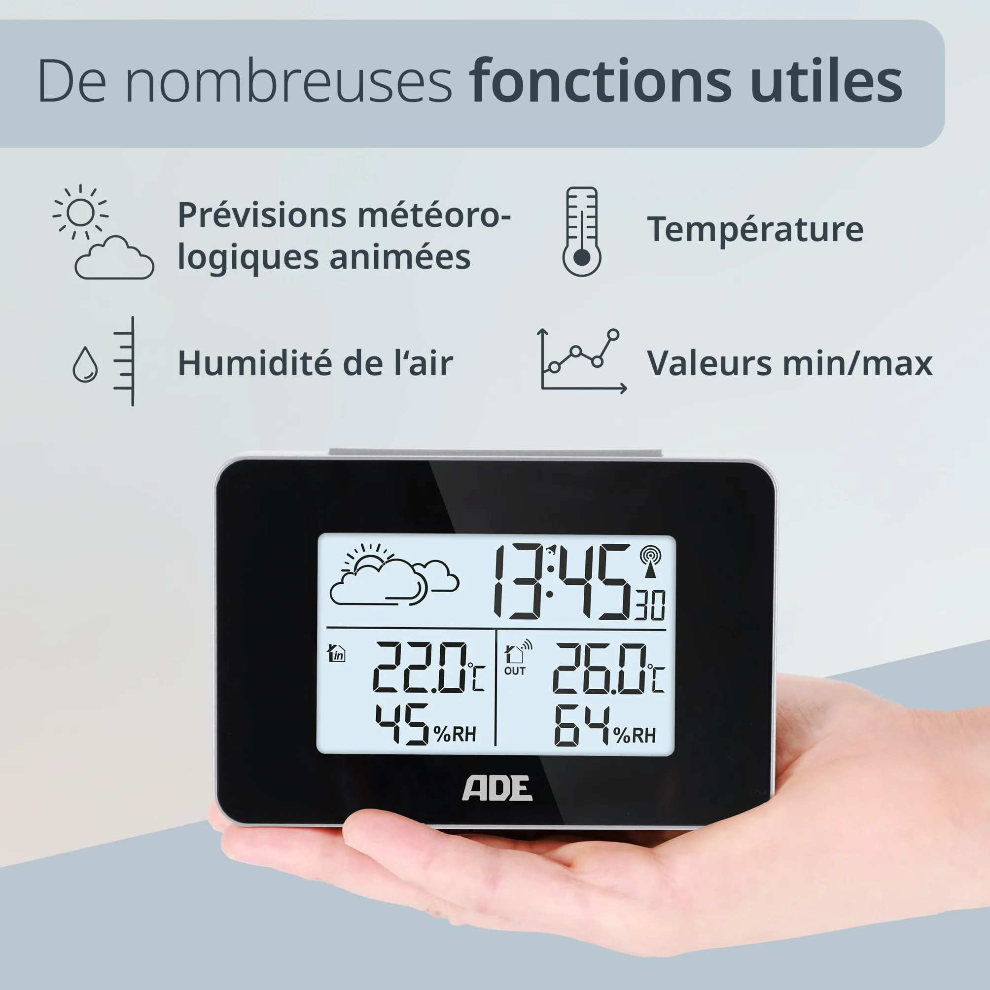 ADE Station météo intérieur avec capteur extérieur thermomètre hygromètre horloge DCF alarme écran LED noir