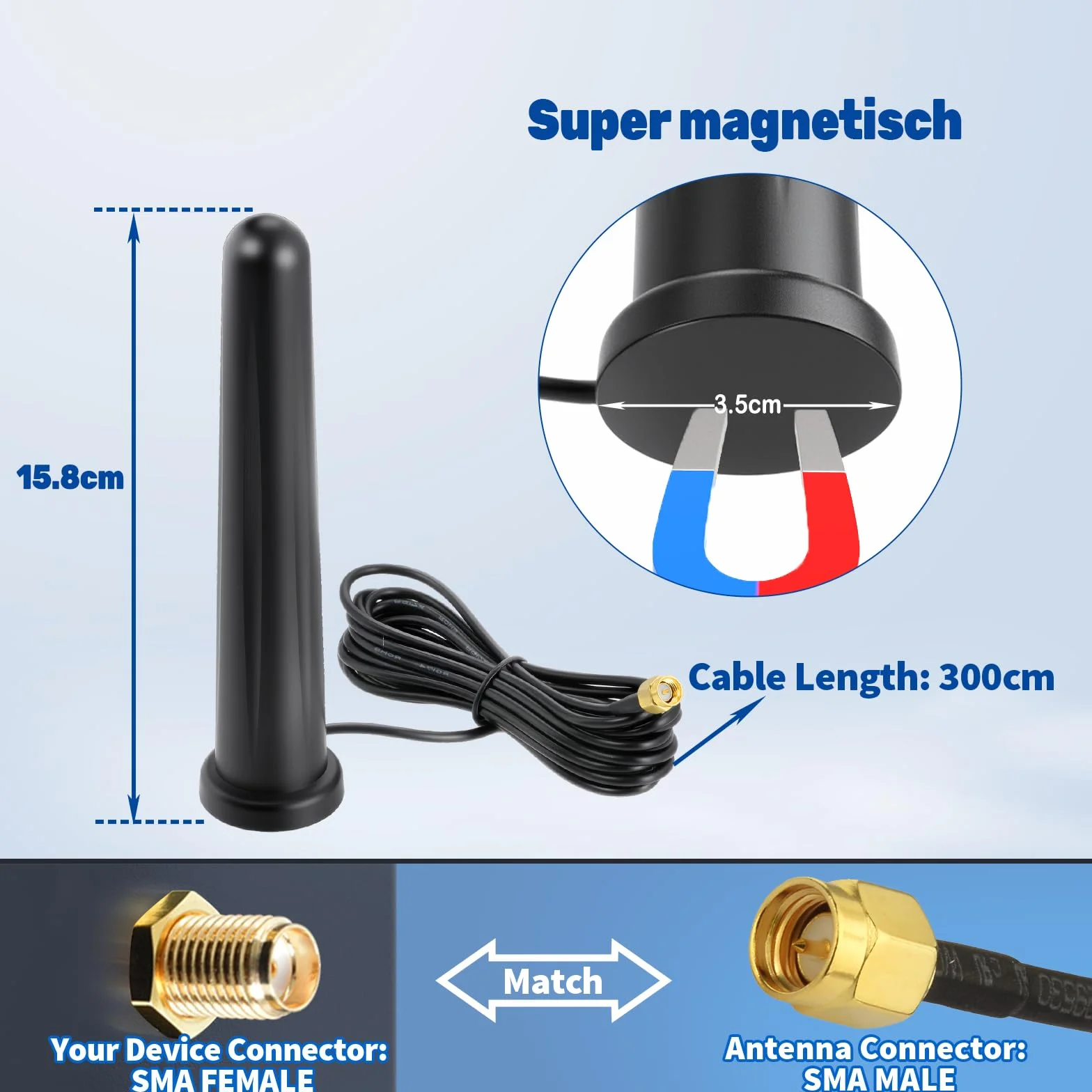 Eightwood Antena magnetyczna 4G LTE SMA 6dBi antena wielokierunkowa z adapterem TS9 + kabel antenowy 3 m do kamery leśnej 4G LTE Router Modem Kamera GSM Hotspot itp
