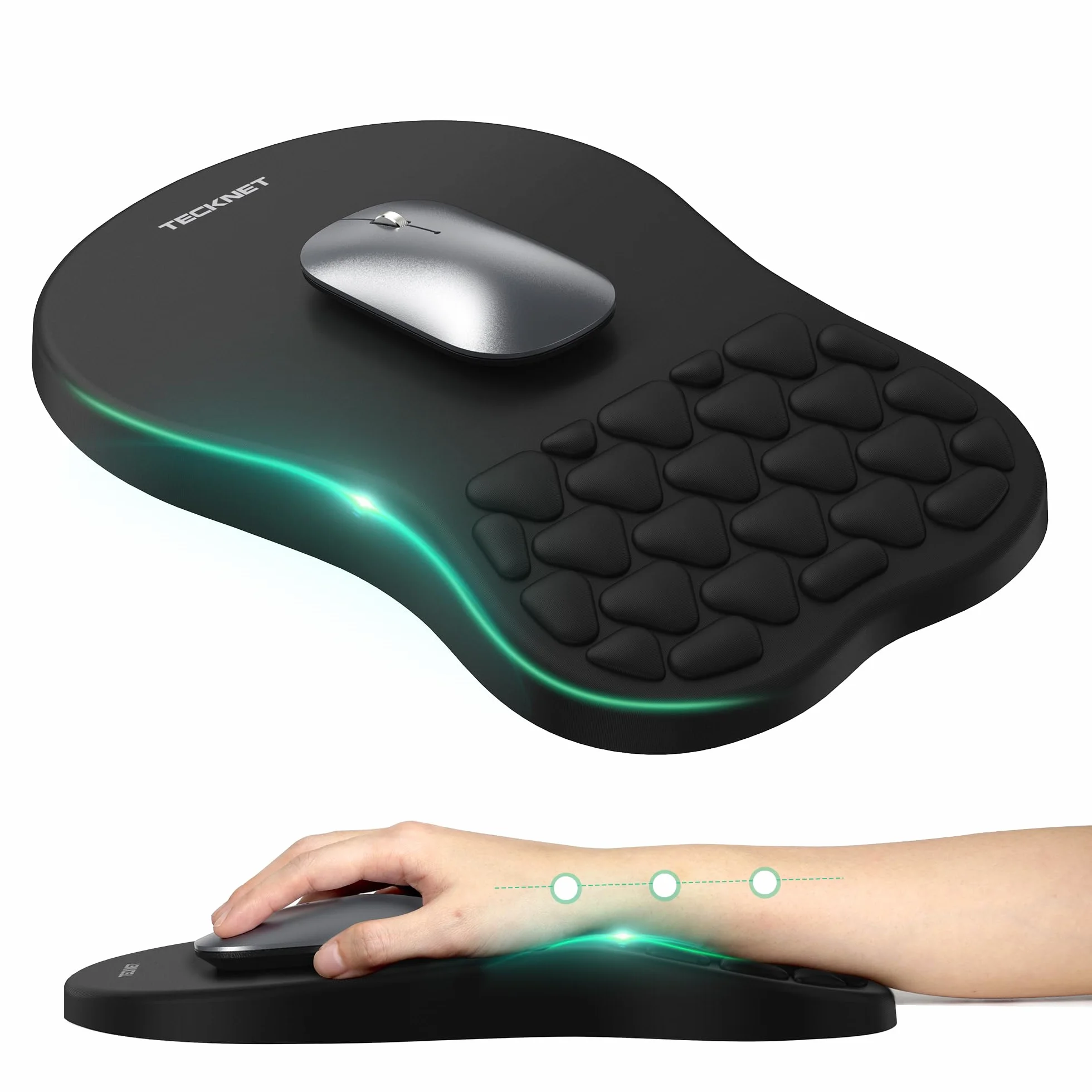 TECKNET Tapis de Souris avec Coussinet Massant Mousse Mémoire, Base Silicone Antidérapante Lavable