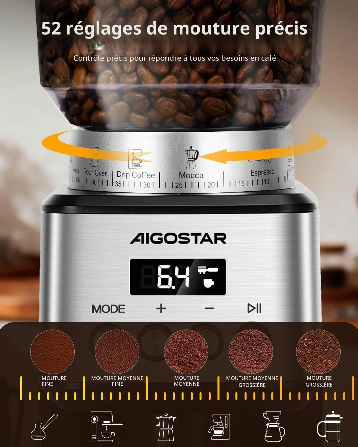 Aigostar Moulin à Café Electrique Conique, 52 Réglages de Meulage, Coffee Grinder Electrique Pour Expresso, Broyeur Cafe Grain Professionnelle Avec Affichage Numérique Précis, Acier Inoxydable, Argent