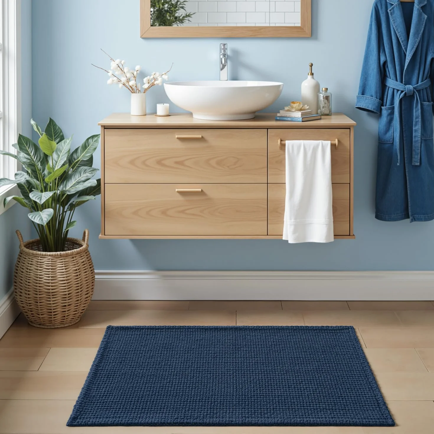 DEXI Tapis Salle de Bain 60 x 110 cm Chenille Antidérapant Lavable Bleu
