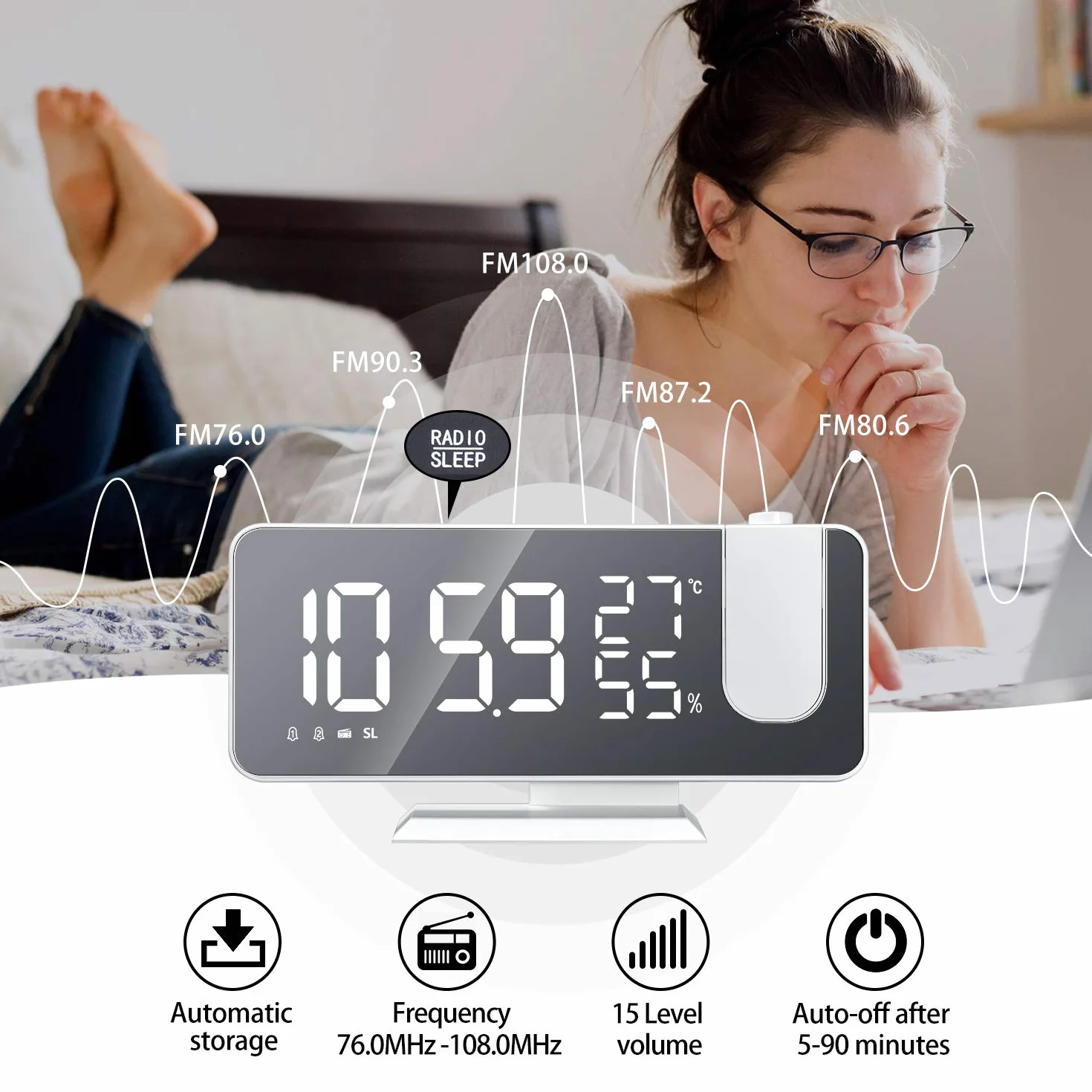 Réveil à Projection Horloge Numérique avec Radio Snooze Variateur Grand écran Projecteur 180°