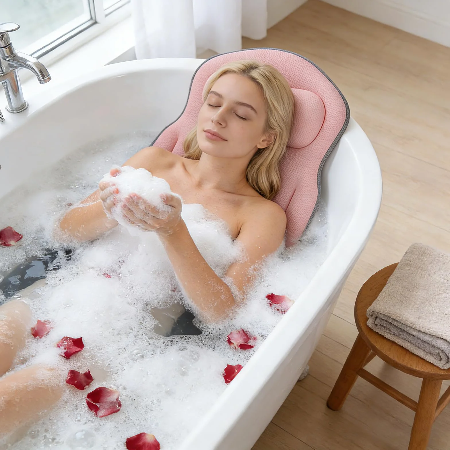 Coussin de bain complet pour la baignoire, tapis de bain épais avec appui-tête, soutient la nuque, le dos et les jambes, coussin de bain avec ventouses et crochets de suspension (rose)
