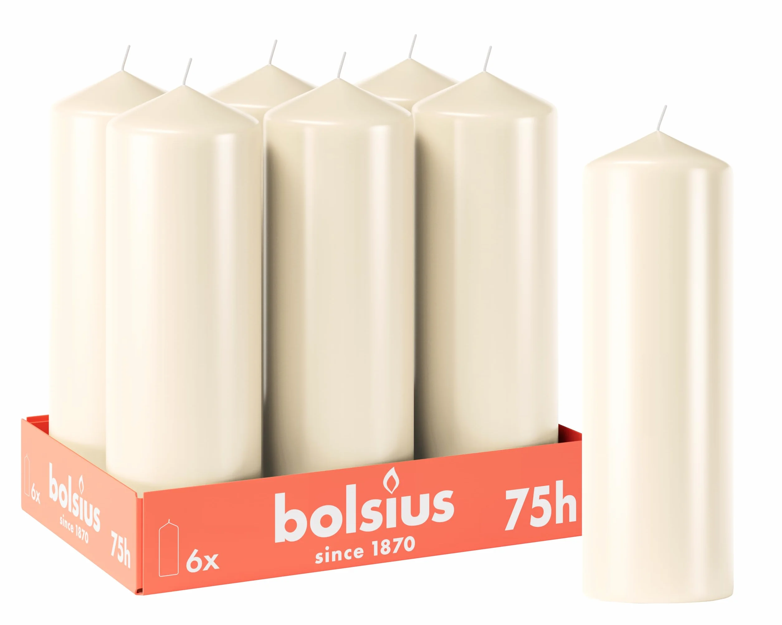 Bolsius Lot de 6 bougies piliers lisses Ivoire 20 x 7 cm 75 heures Non parfumées Cire végétale naturelle