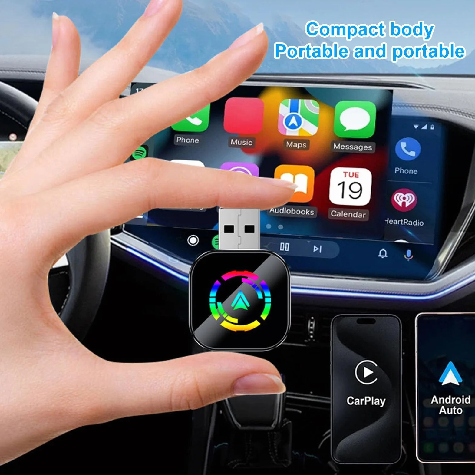 Ejoyous 2-w-1 Bezprzewodowy Adapter Auto Auto, Wireless Adapter 5.8 GHz-WLAN z Adapterem Typu C-AUF-USB IOS 6+/ 10+