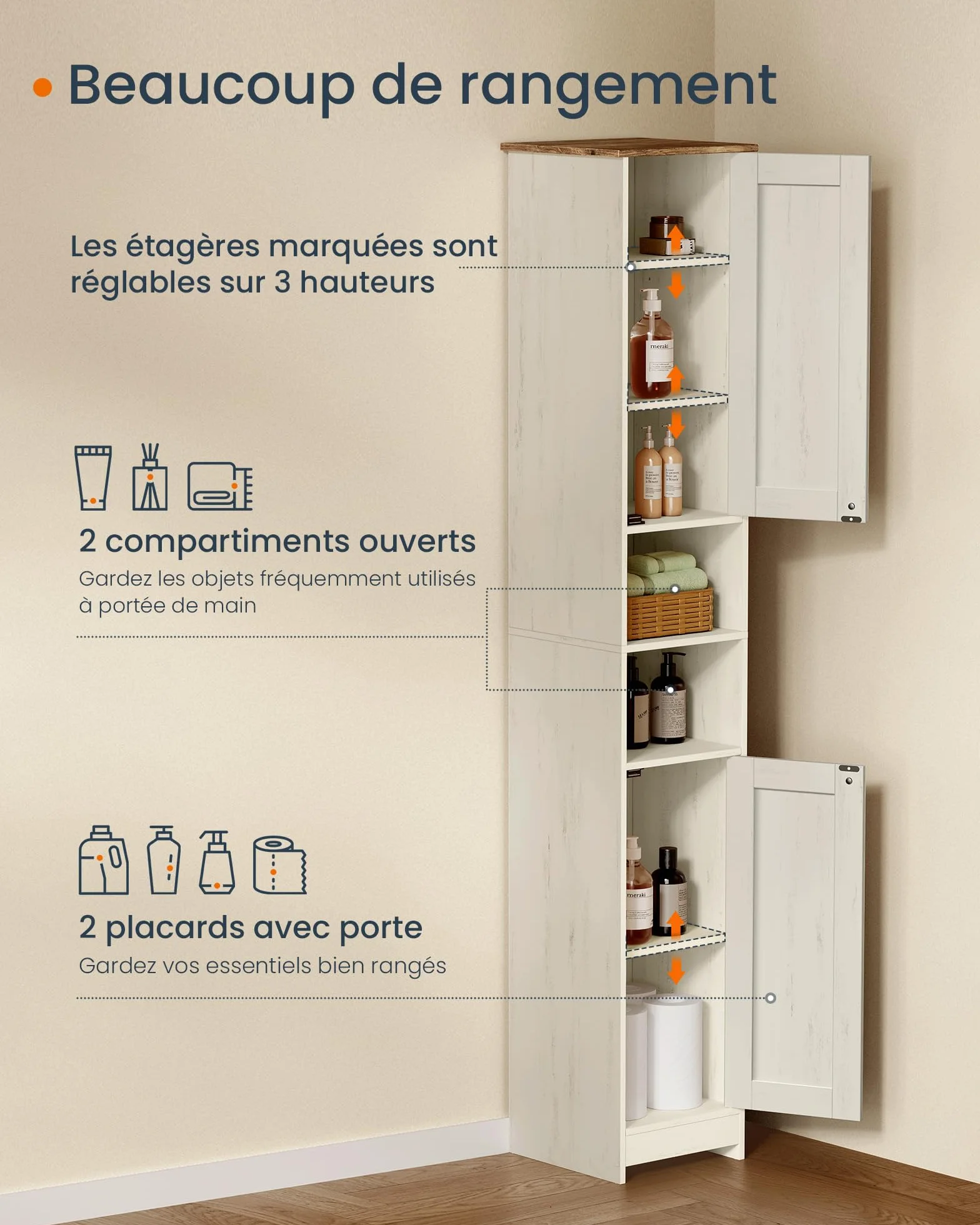 SONGMICS HOME Meuble de Salle de Bain Haut, Assemblage Ultra-rapide sans Outils Toolless, Colonne de Rangement, avec Étagères Réglables, pour Salon, Entrée, 30 x 30 x 170 cm, Blanc Rustique BBC667WJ01
