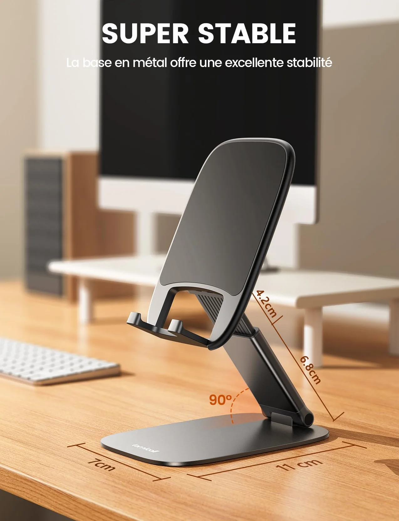 Lamicall Support Téléphone Bureau Pliable Base Métallique 15mm Ultrafin Hauteur Angle Réglables Universel pour iPhone 17/16/15/14/13/12 Pro Max Samsung Smartphones