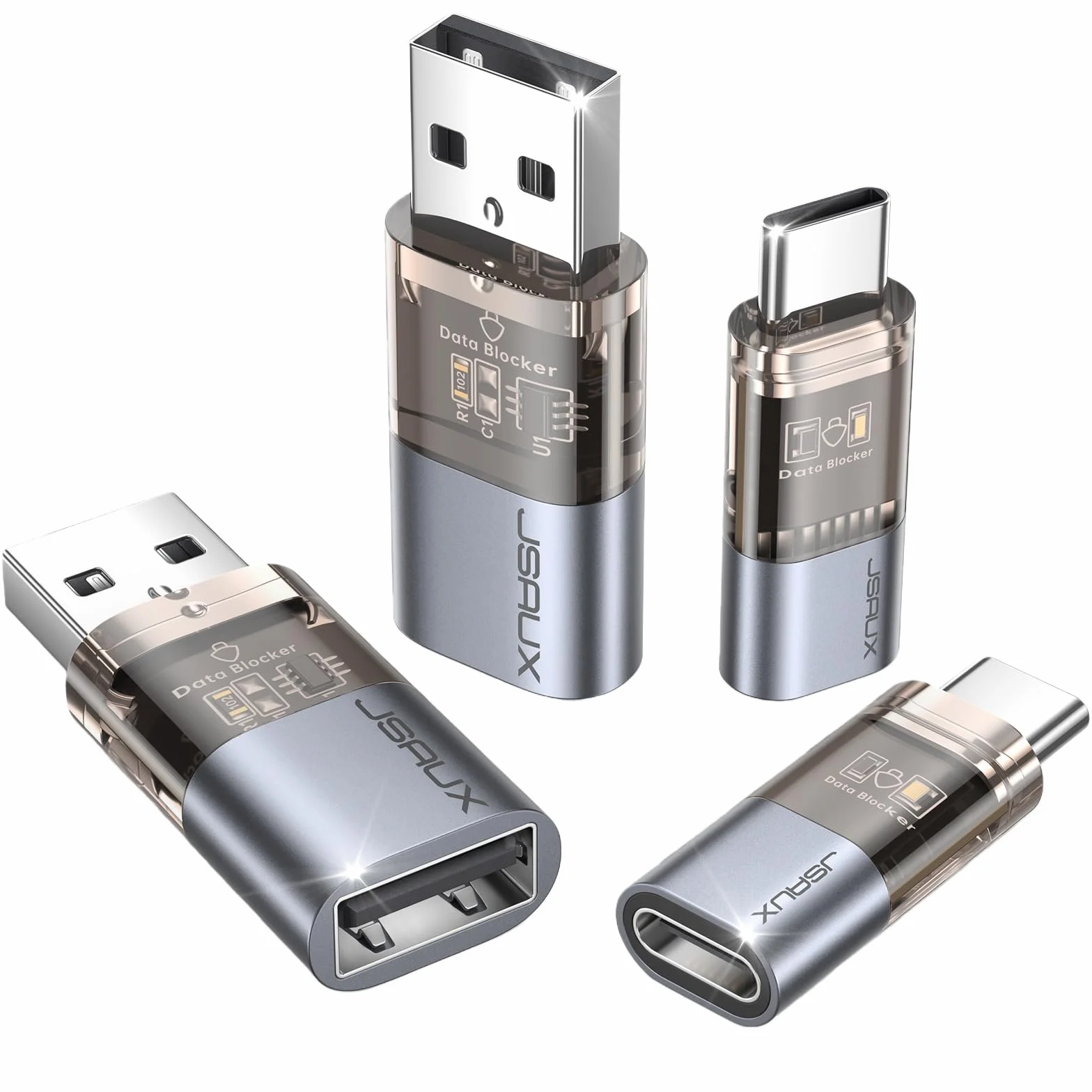 JSAUX Data Blocker USB & USB C Pack de 4, Bloqueur de Données Transparent Type A & Type C pour Recharge Sécurisée, Gris