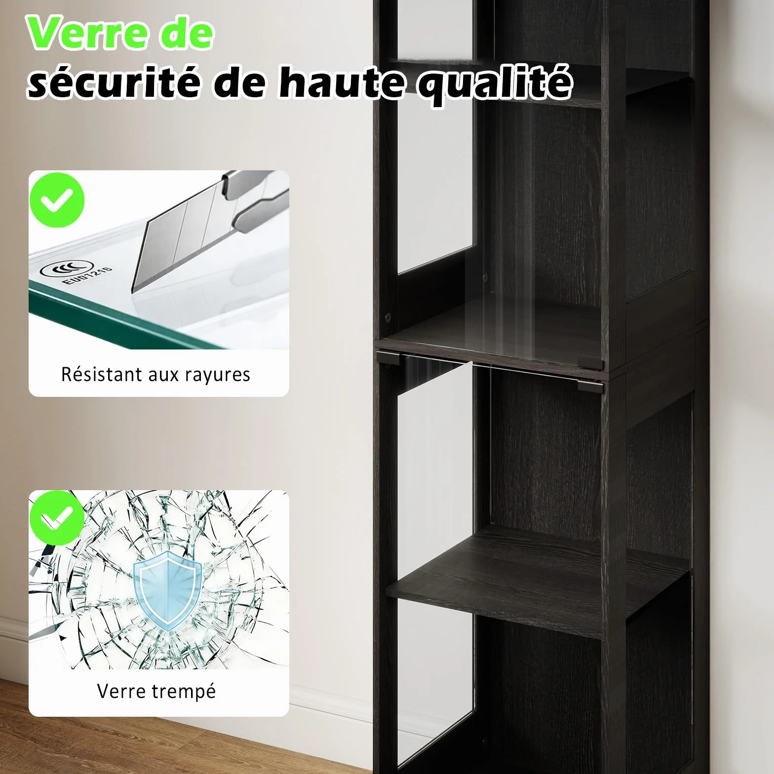 YU YUSING Vitrine Colonne en Verre avec Lumière Intelligente LED pour Collection, Armoire de Vitrine Moderne avec 4 Étagères, Mangathèque, Bibliothèque, Rangement Chambre Salon, 40 × 35 × 165 cm, Noir