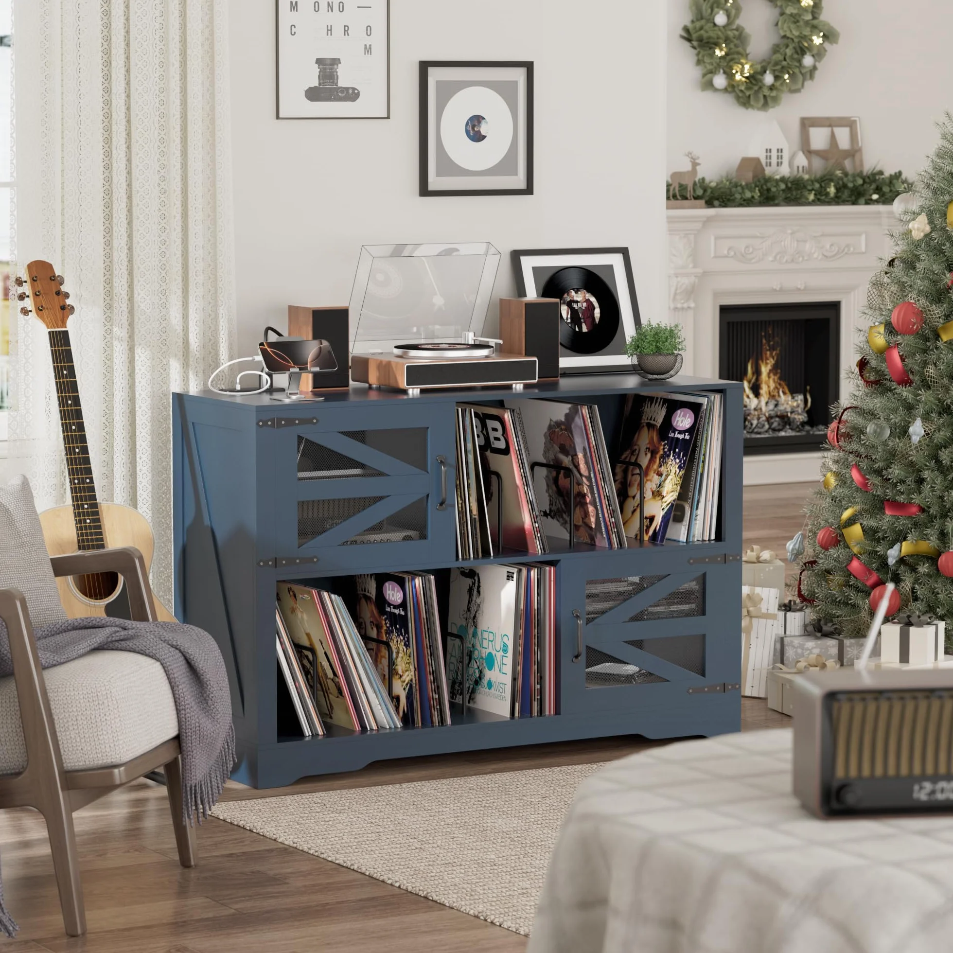 MDF Meuble pour disques vinyles avec finition noyer, support pour 500 vinyles, 2 prises et 2 USB, anti-retournement, meuble compact pour salon et tourne-disques, couleur bleue (120 x 40 x 80 cm