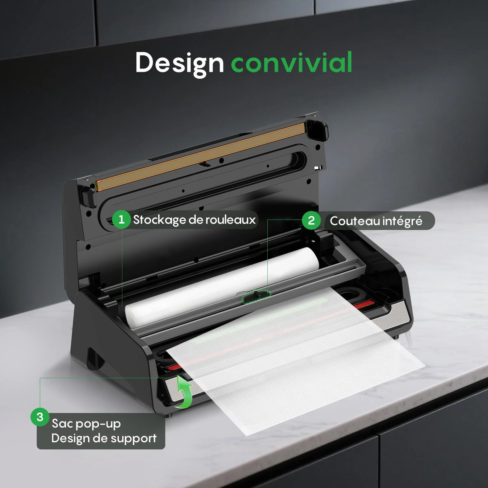 FRESKO Machine Sous Vide Alimentaire Automatique, Bandes chauffantes élargies, Coupe-sac Intégré et Rangement des Sacs, Mode Humide et Sec, Utilisation à une Main (Automax V6)