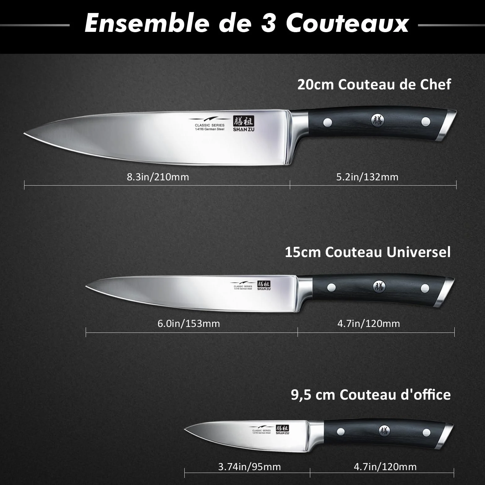 SHAN ZU Set Couteaux Cuisine, 3 Couteaux Japonais Acier Inoxydable, Couteau Chef Universel Paring